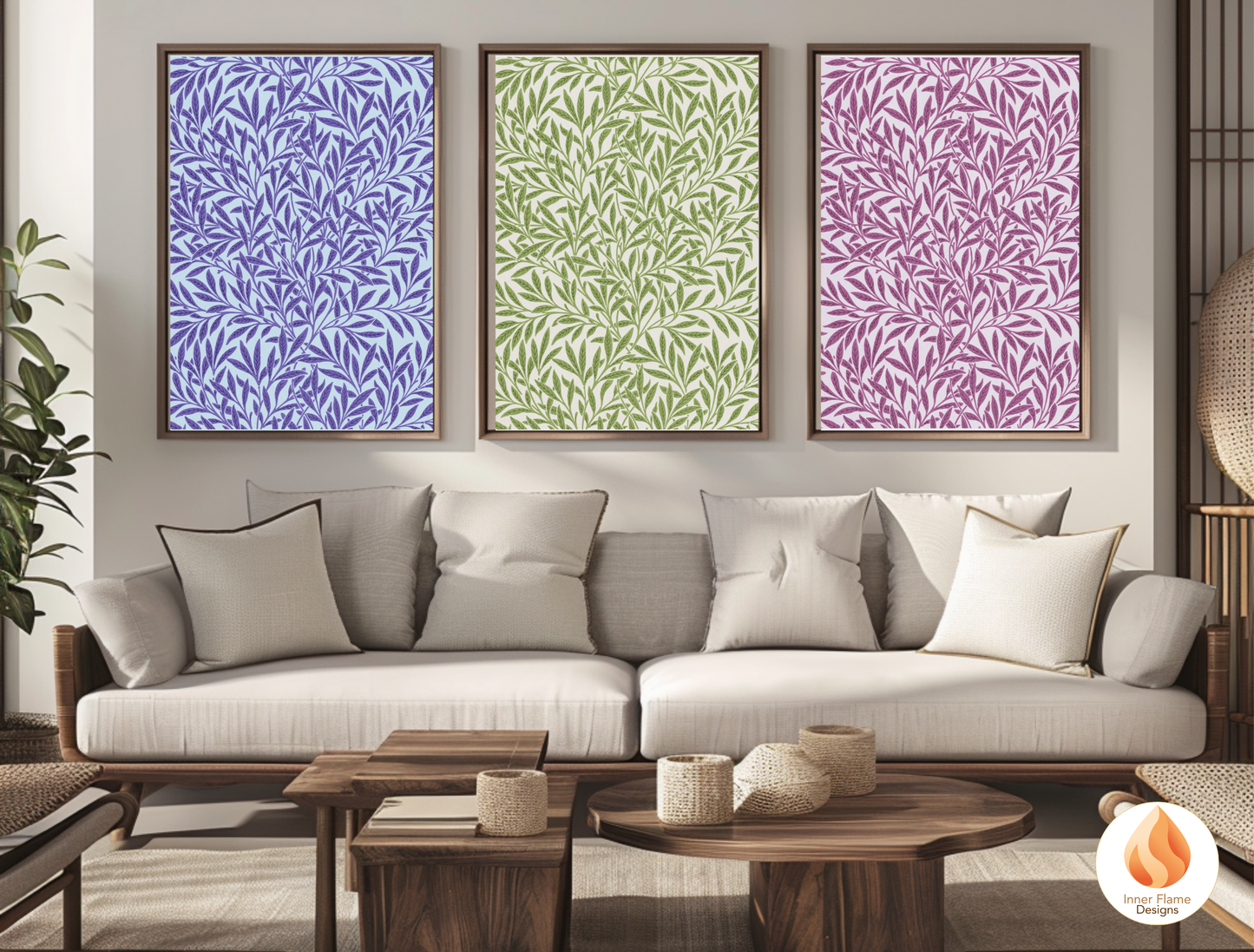 William Morris Inspired Designs - "Willow" | Abstract Botanical Art for Modern Home Design | Triptych Artwork