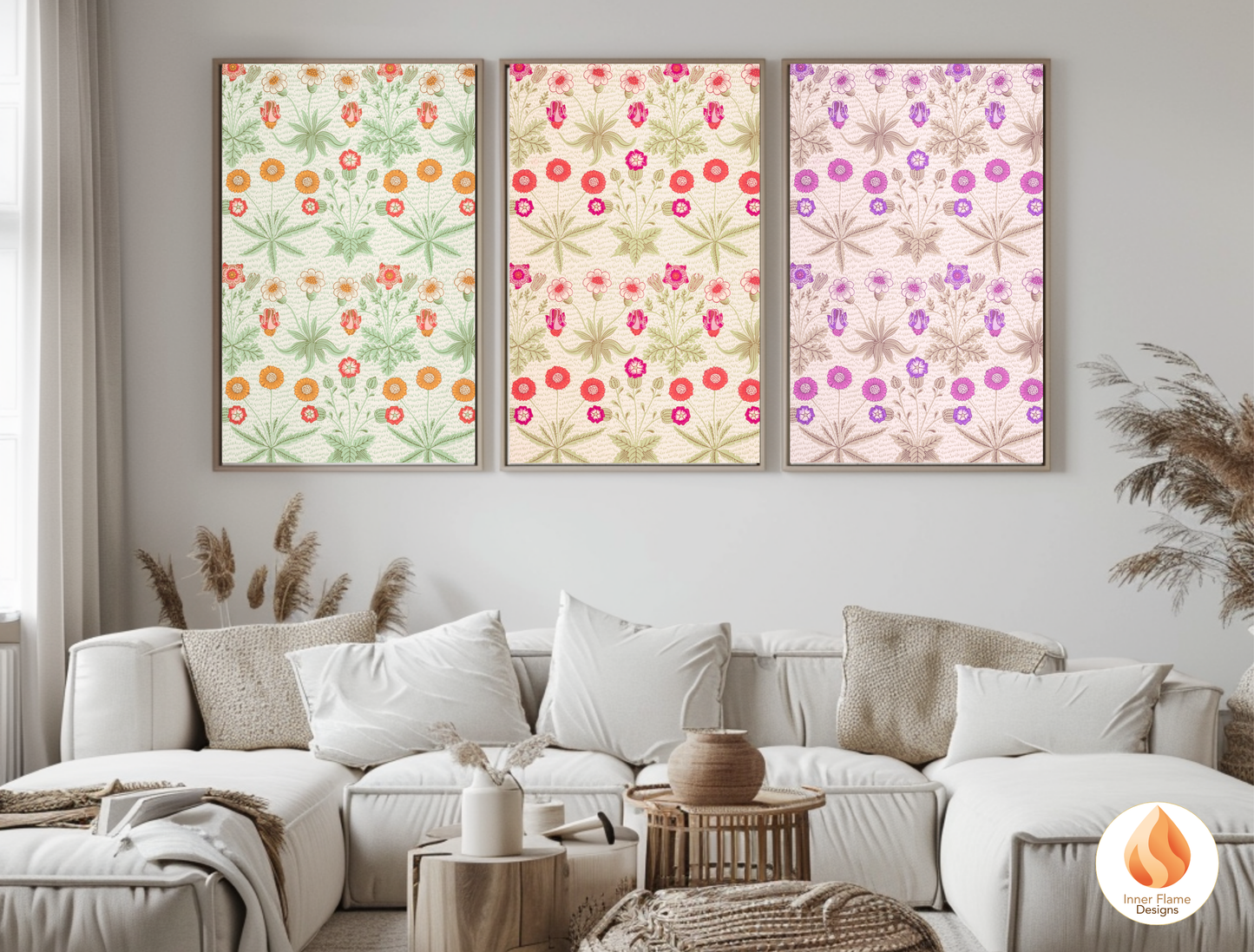 William Morris Inspired Designs - "Daisy" | Abstract Botanical Art for Modern Home Design | Triptych Artwork