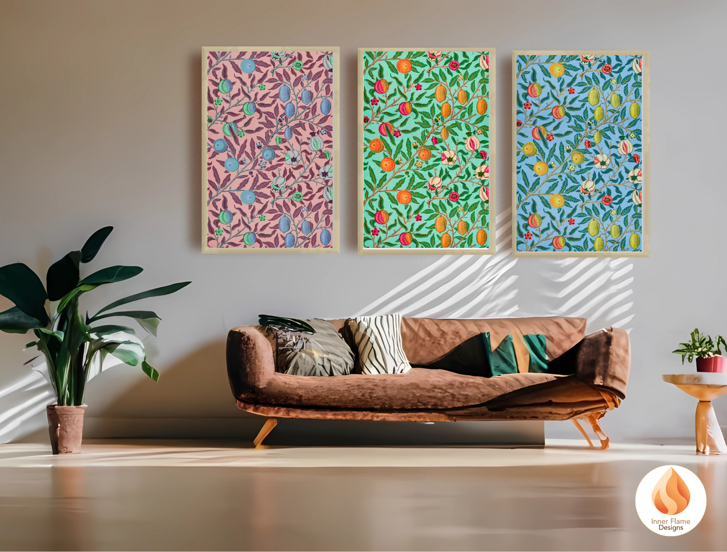 William Morris Inspired Designs - "Fruit (or Pomegranate)" | Abstract Botanical Art for Modern Home Design | Triptych Artwork