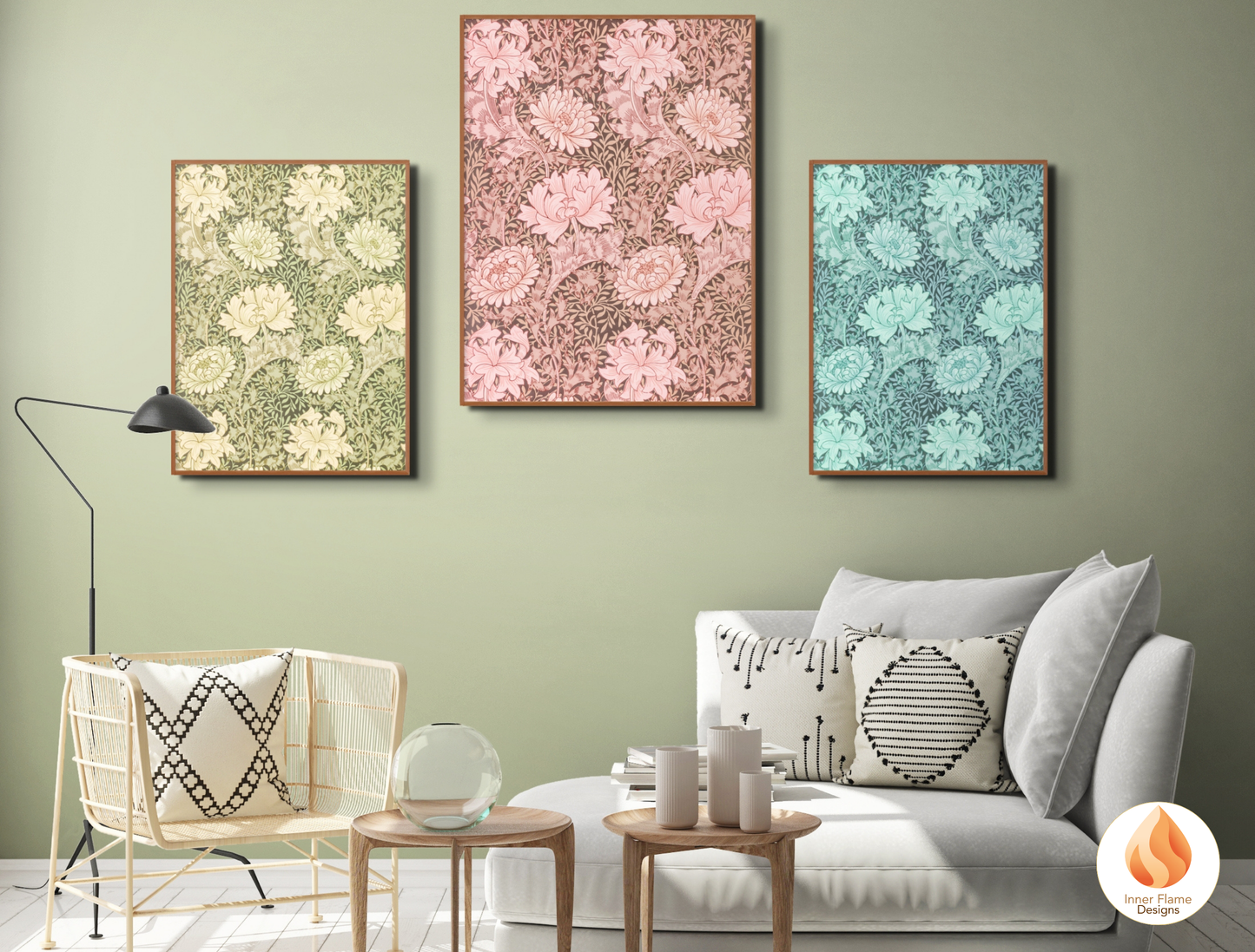 William Morris Inspired Designs - "Chrysanthemum" | Abstract Botanical Art for Modern Home Design | Triptych Artwork