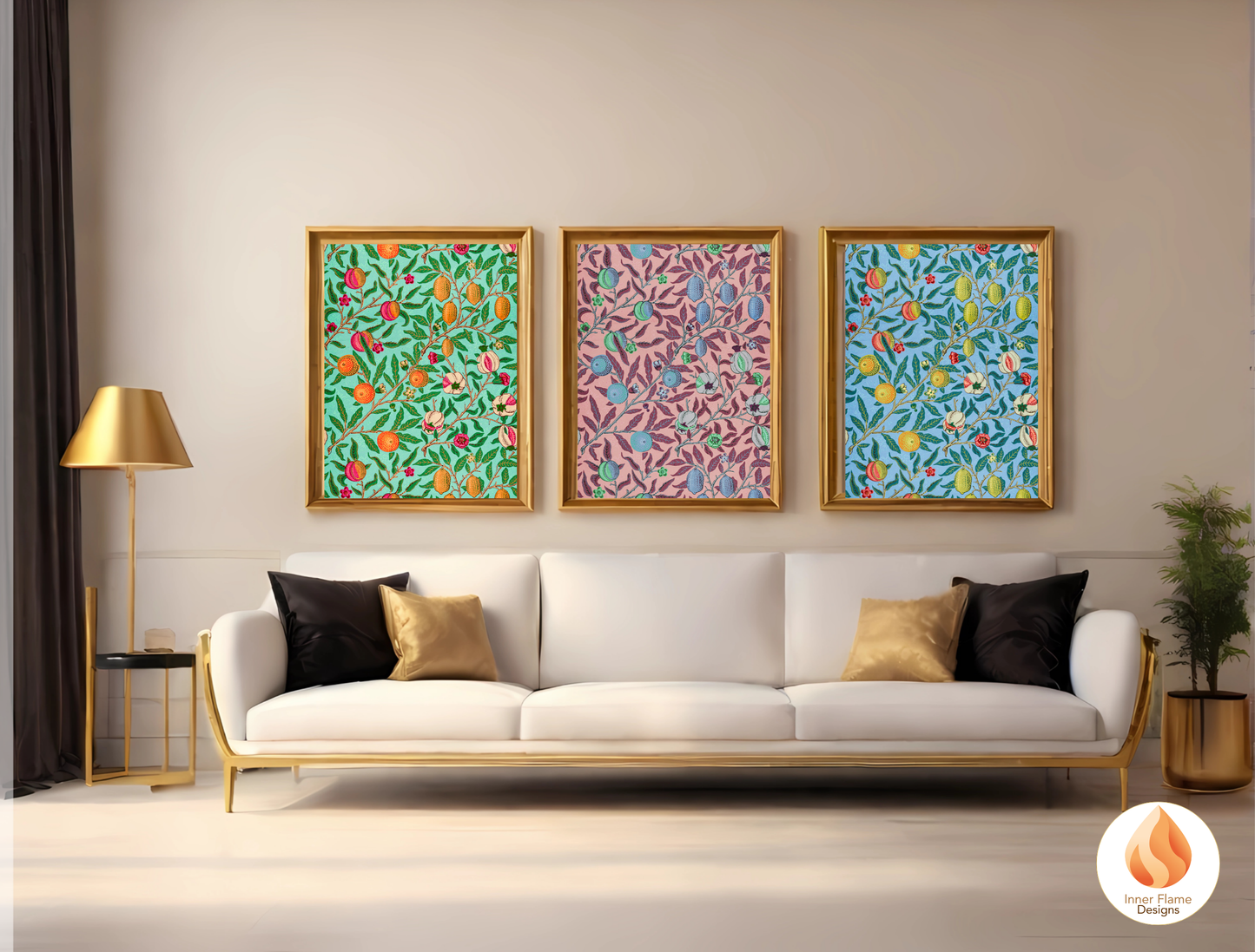 William Morris Inspired Designs - "Fruit (or Pomegranate)" | Abstract Botanical Art for Modern Home Design | Triptych Artwork