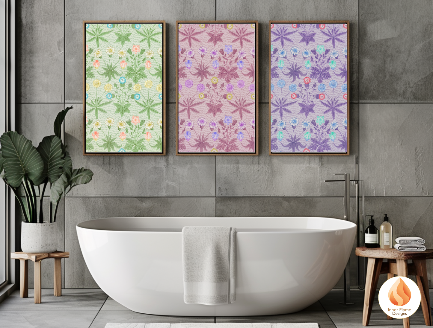 William Morris Inspired Designs - "Daisy" | Abstract Botanical Art for Modern Home Design | Triptych Artwork