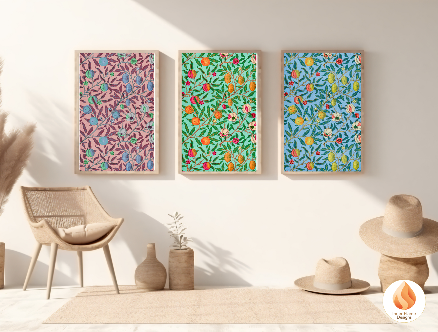 William Morris Inspired Designs - "Fruit (or Pomegranate)" | Abstract Botanical Art for Modern Home Design | Triptych Artwork