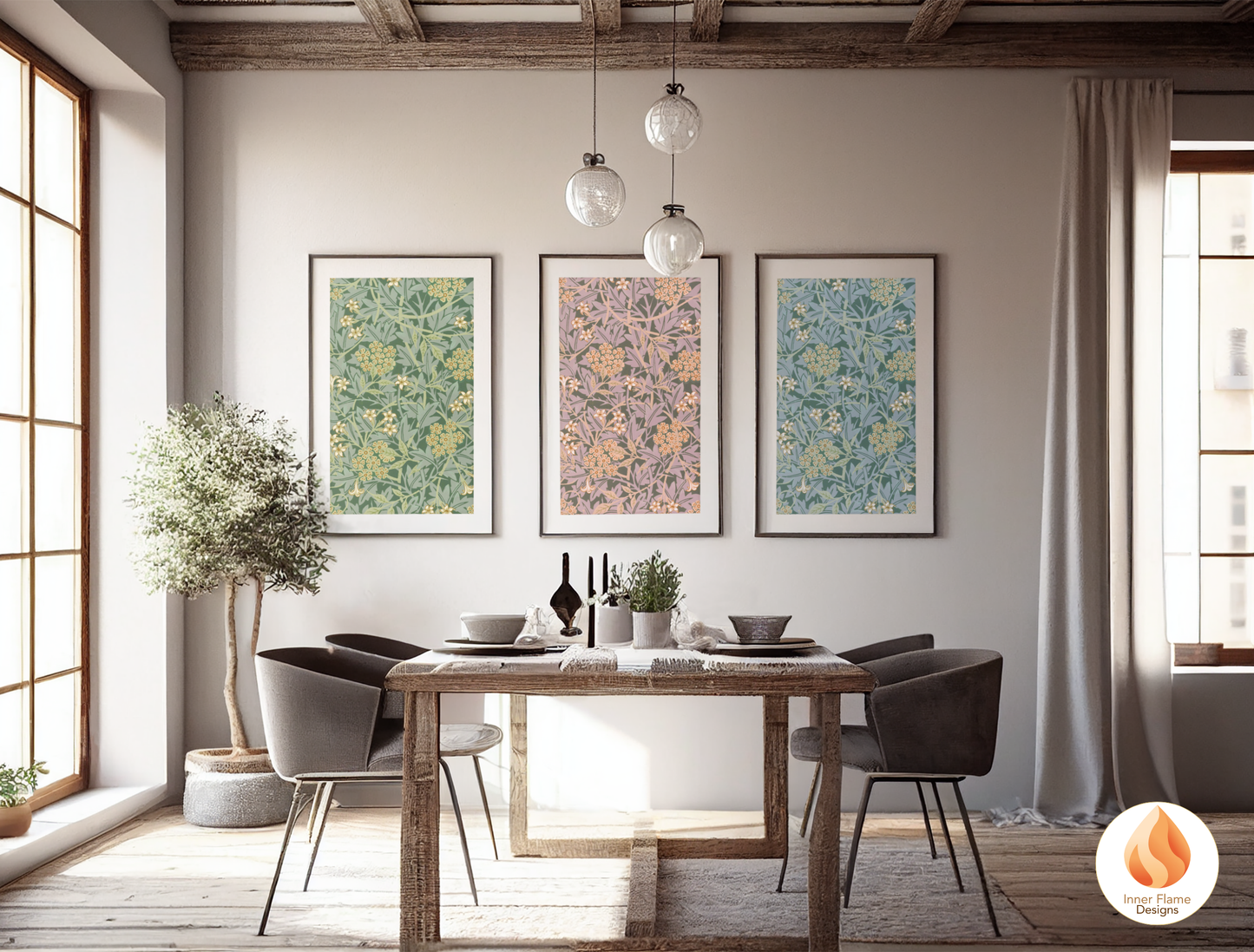 William Morris Inspired Designs - "Jasmine" | Abstract Botanical Art for Modern Home Design | Triptych Artwork
