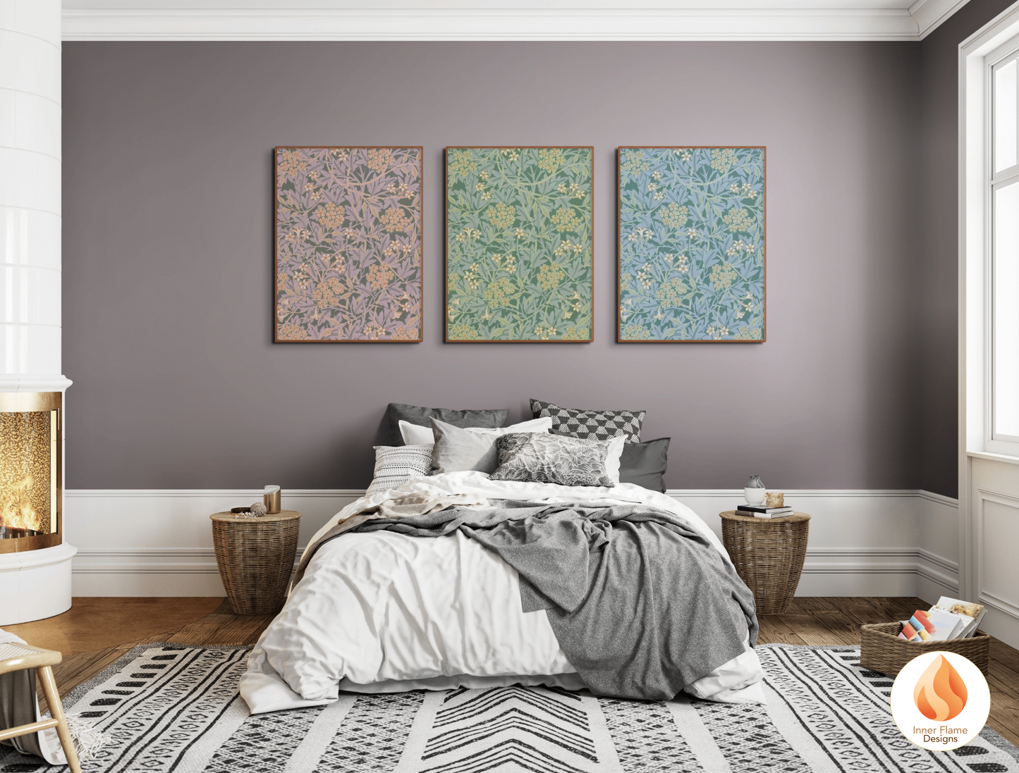 William Morris Inspired Designs - "Jasmine" | Abstract Botanical Art for Modern Home Design | Triptych Artwork