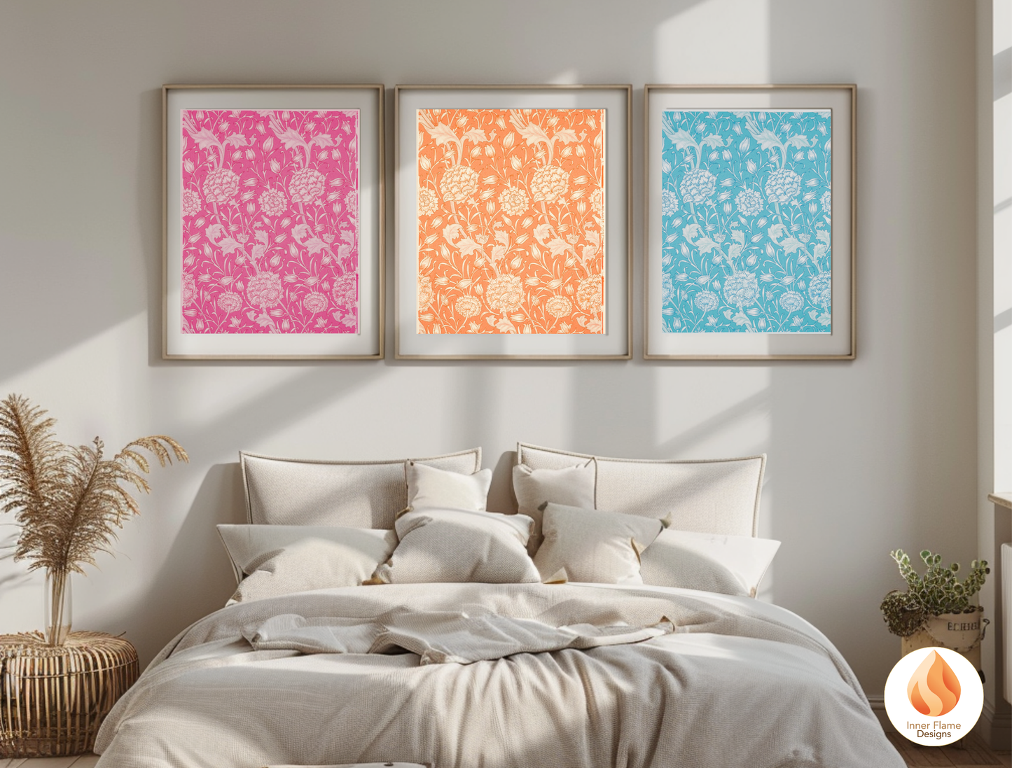 William Morris Inspired Designs - "Wild Tulip" | Abstract Botanical Art for Modern Home Design | Triptych Artwork