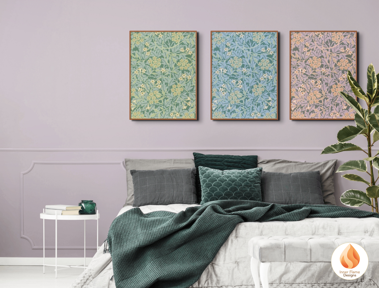 William Morris Inspired Designs - "Jasmine" | Abstract Botanical Art for Modern Home Design | Triptych Artwork