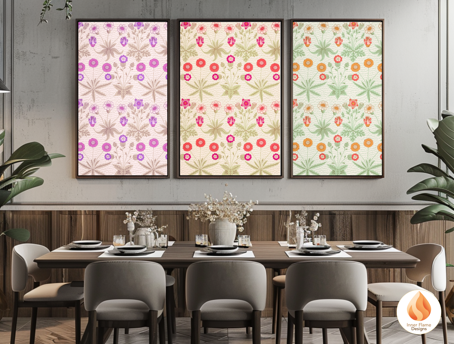 William Morris Inspired Designs - "Daisy" | Abstract Botanical Art for Modern Home Design | Triptych Artwork