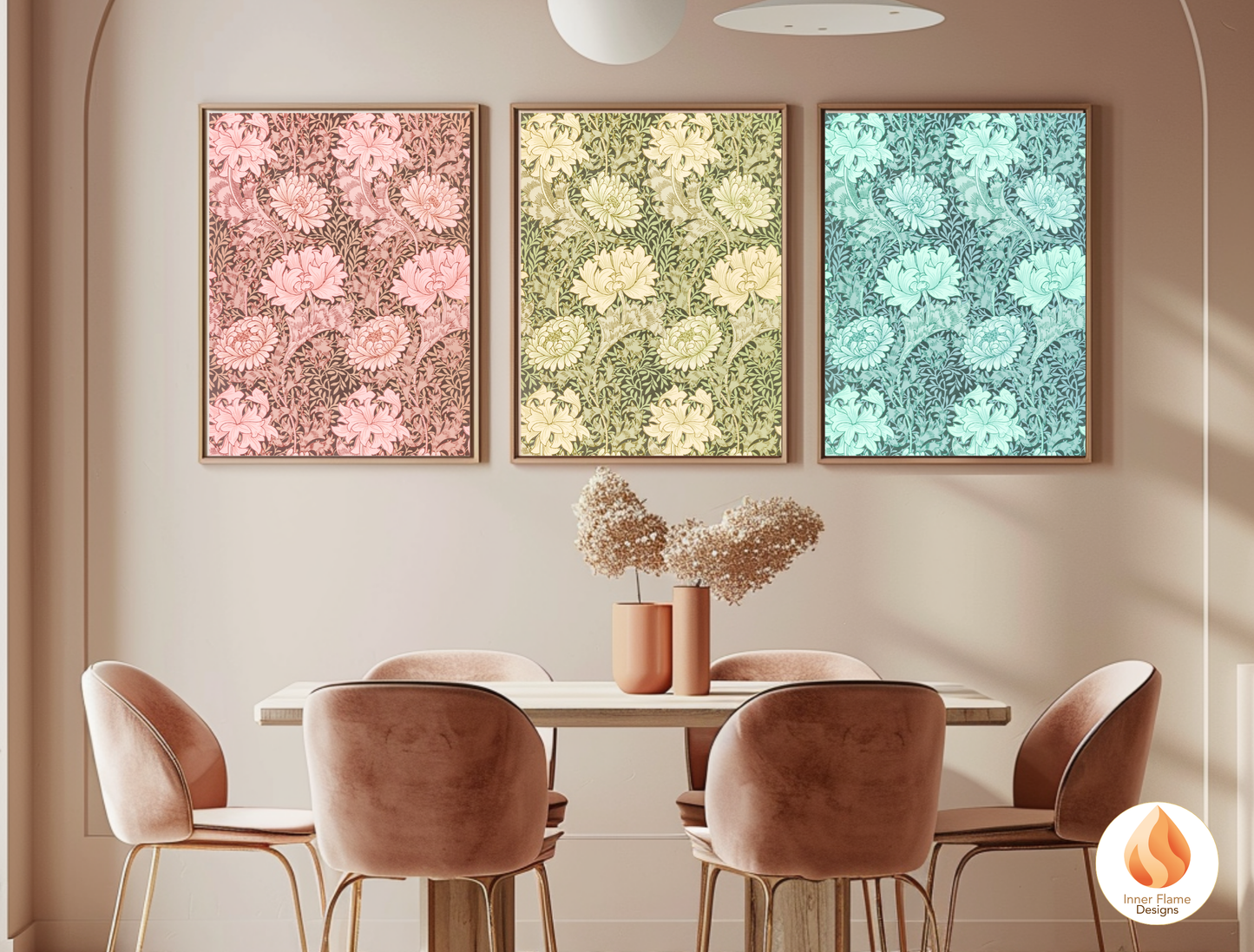 William Morris Inspired Designs - "Chrysanthemum" | Abstract Botanical Art for Modern Home Design | Triptych Artwork