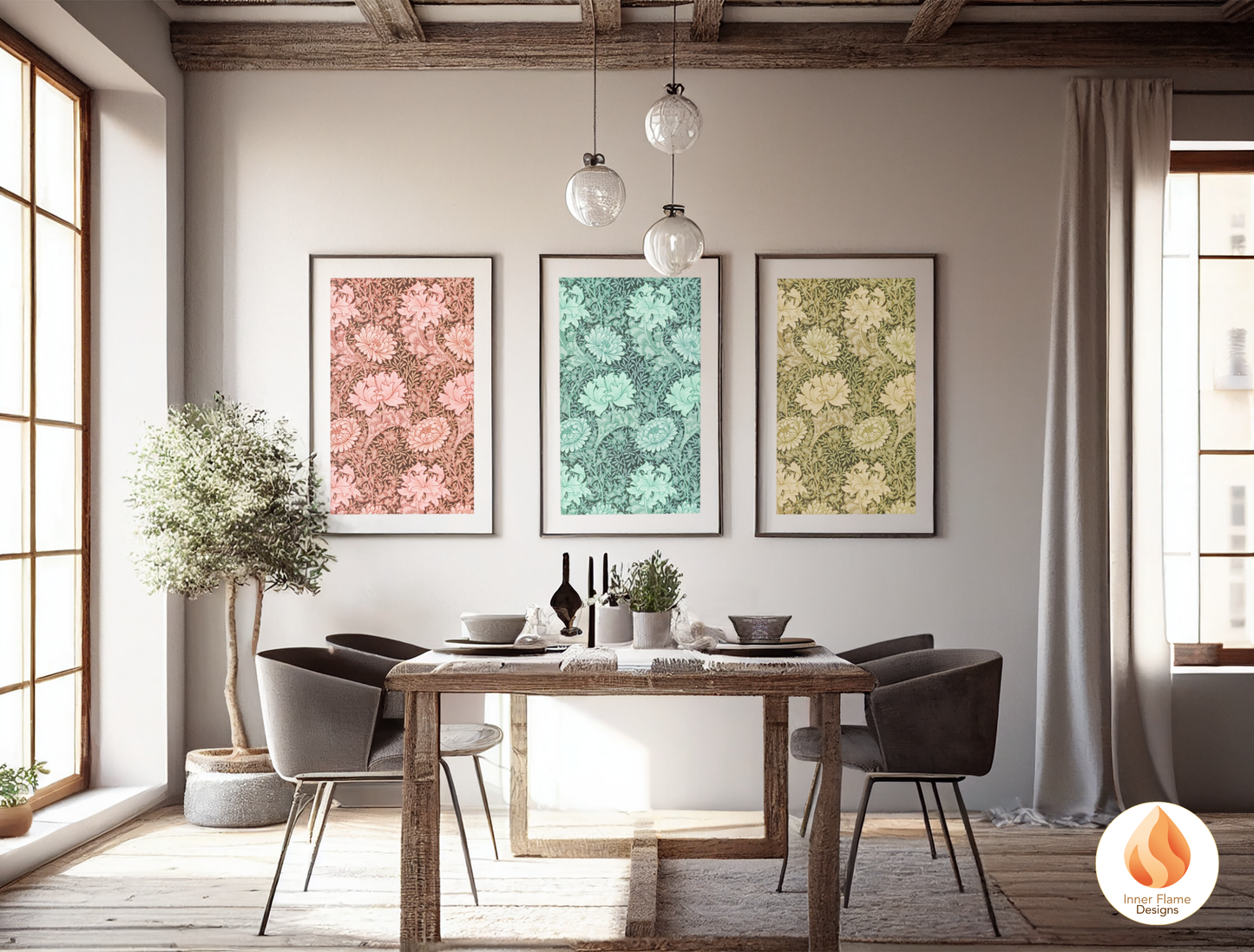 William Morris Inspired Designs - "Chrysanthemum" | Abstract Botanical Art for Modern Home Design | Triptych Artwork