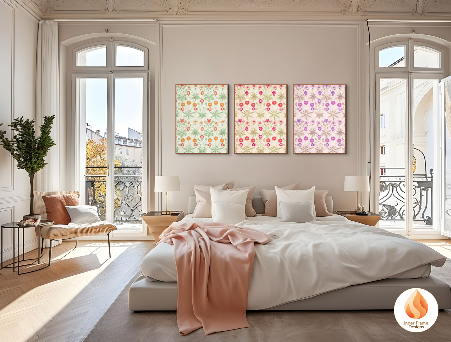 William Morris Inspired Designs - "Daisy" | Abstract Botanical Art for Modern Home Design | Triptych Artwork