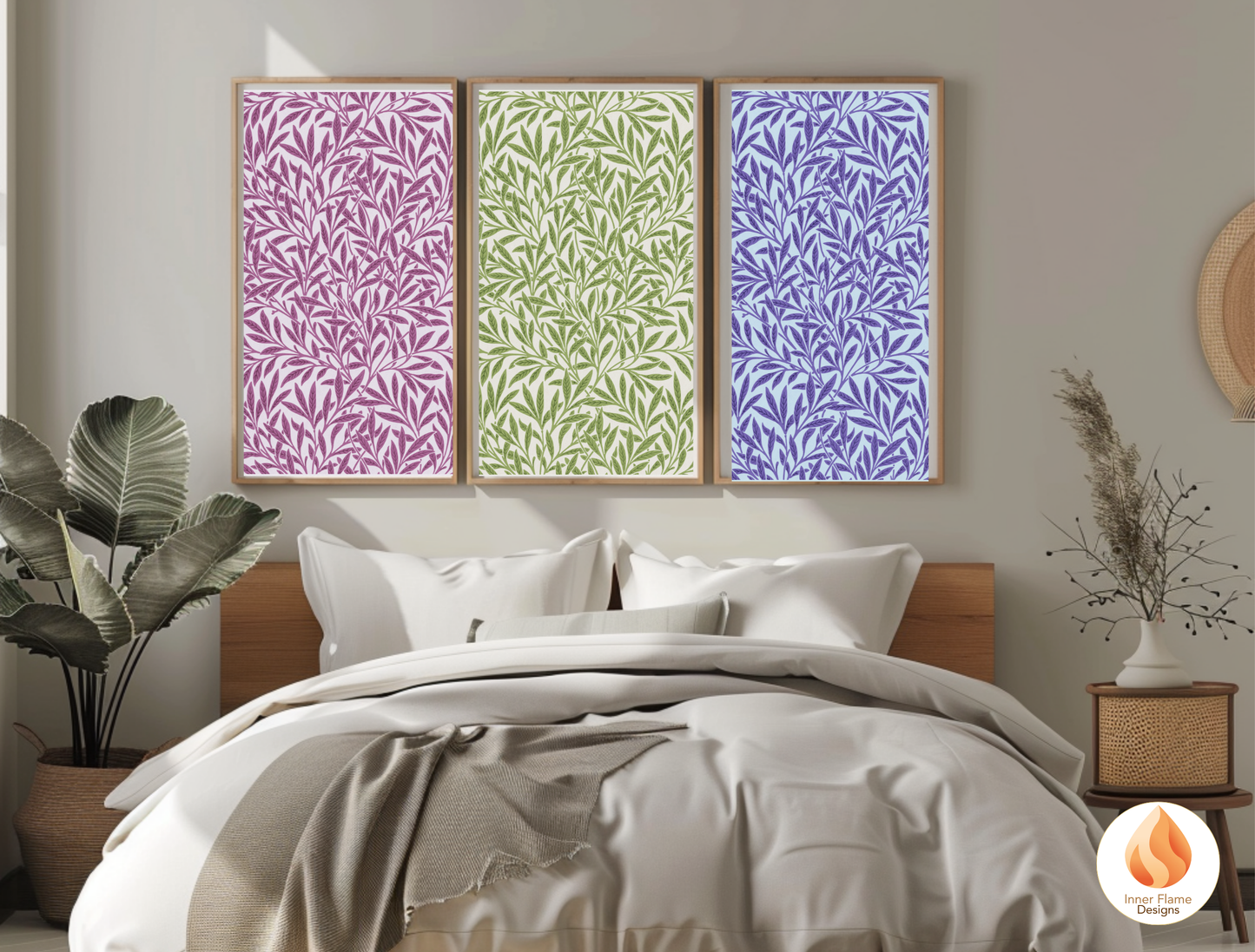 William Morris Inspired Designs - "Willow" | Abstract Botanical Art for Modern Home Design | Triptych Artwork