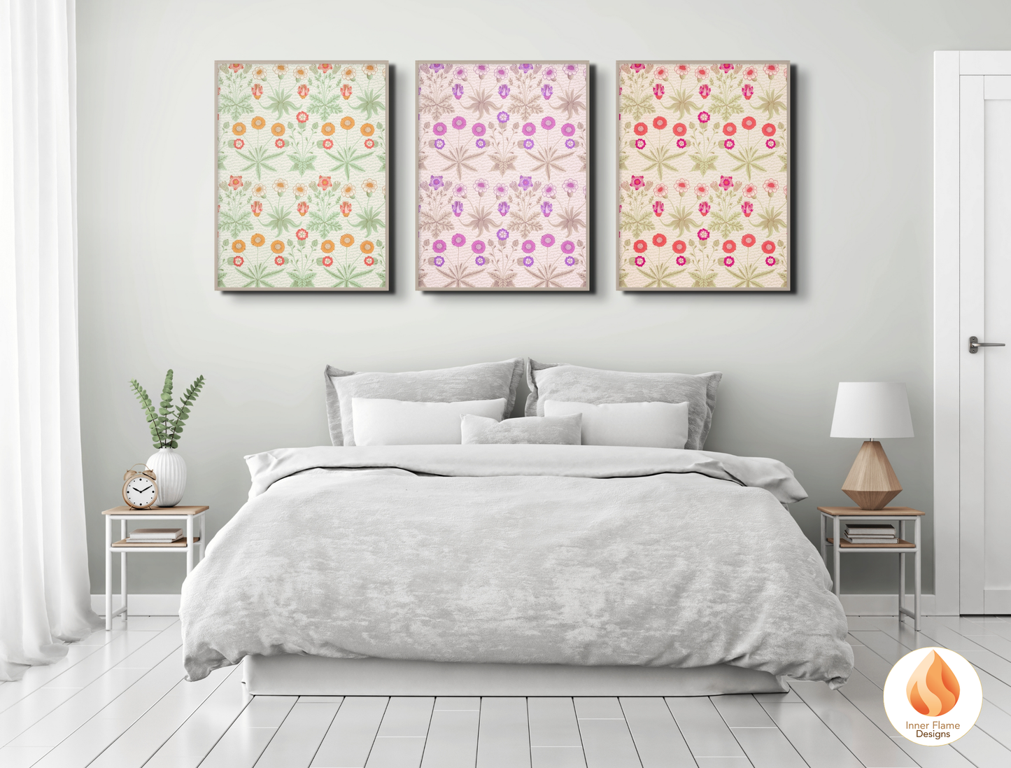 William Morris Inspired Designs - "Daisy" | Abstract Botanical Art for Modern Home Design | Triptych Artwork