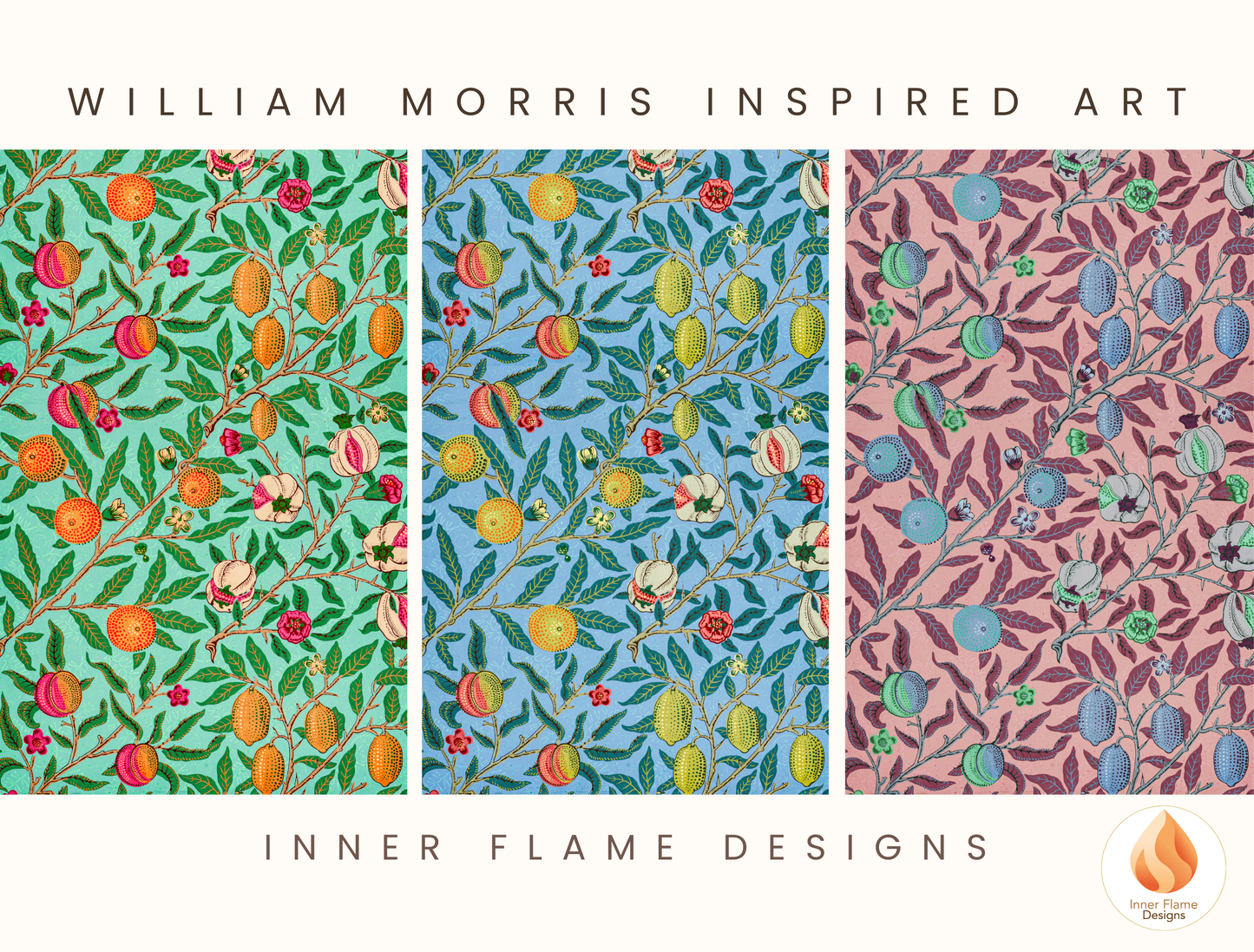 William Morris Inspired Designs - "Fruit (or Pomegranate)" | Abstract Botanical Art for Modern Home Design | Triptych Artwork