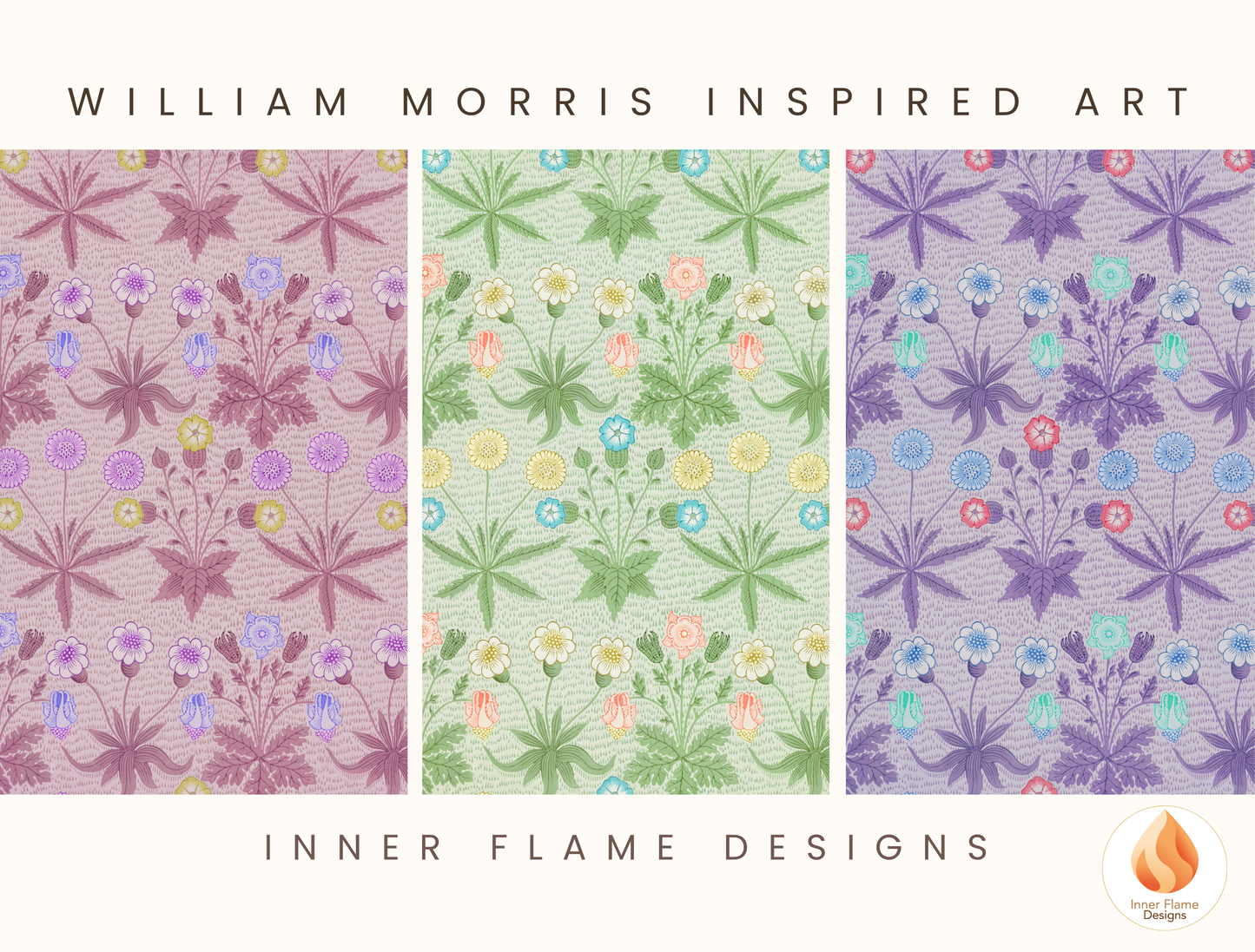 William Morris Inspired Designs - "Daisy" | Abstract Botanical Art for Modern Home Design | Triptych Artwork