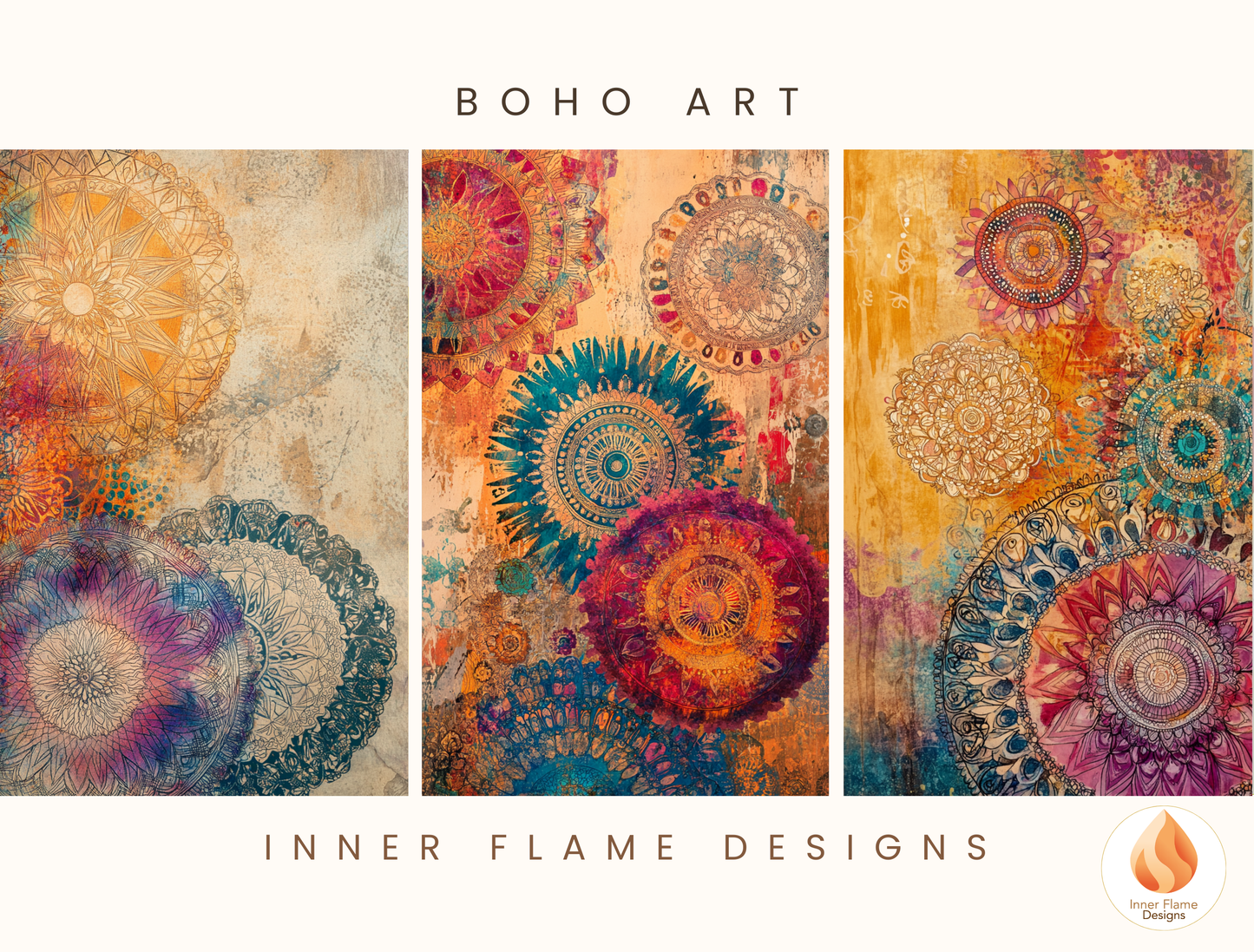 Kaleidoscopic Boho Wall Art Décor for Modern Home Design | Triptych Artwork