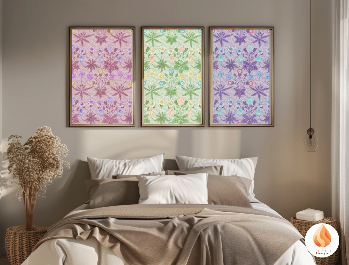 William Morris Inspired Designs - "Daisy" | Abstract Botanical Art for Modern Home Design | Triptych Artwork