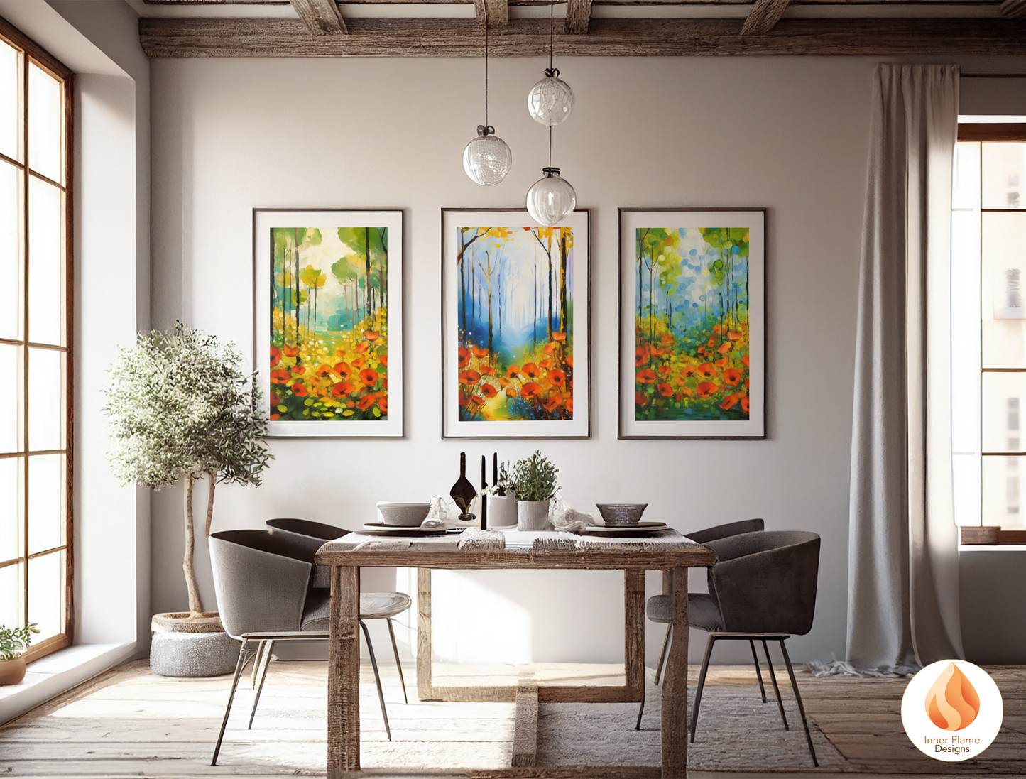 Whimsical Flower Artwork for Modern Home Design | Triptych Artwork