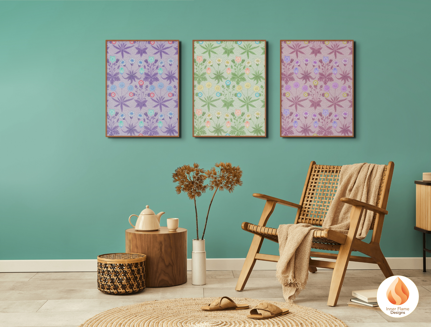 William Morris Inspired Designs - "Daisy" | Abstract Botanical Art for Modern Home Design | Triptych Artwork