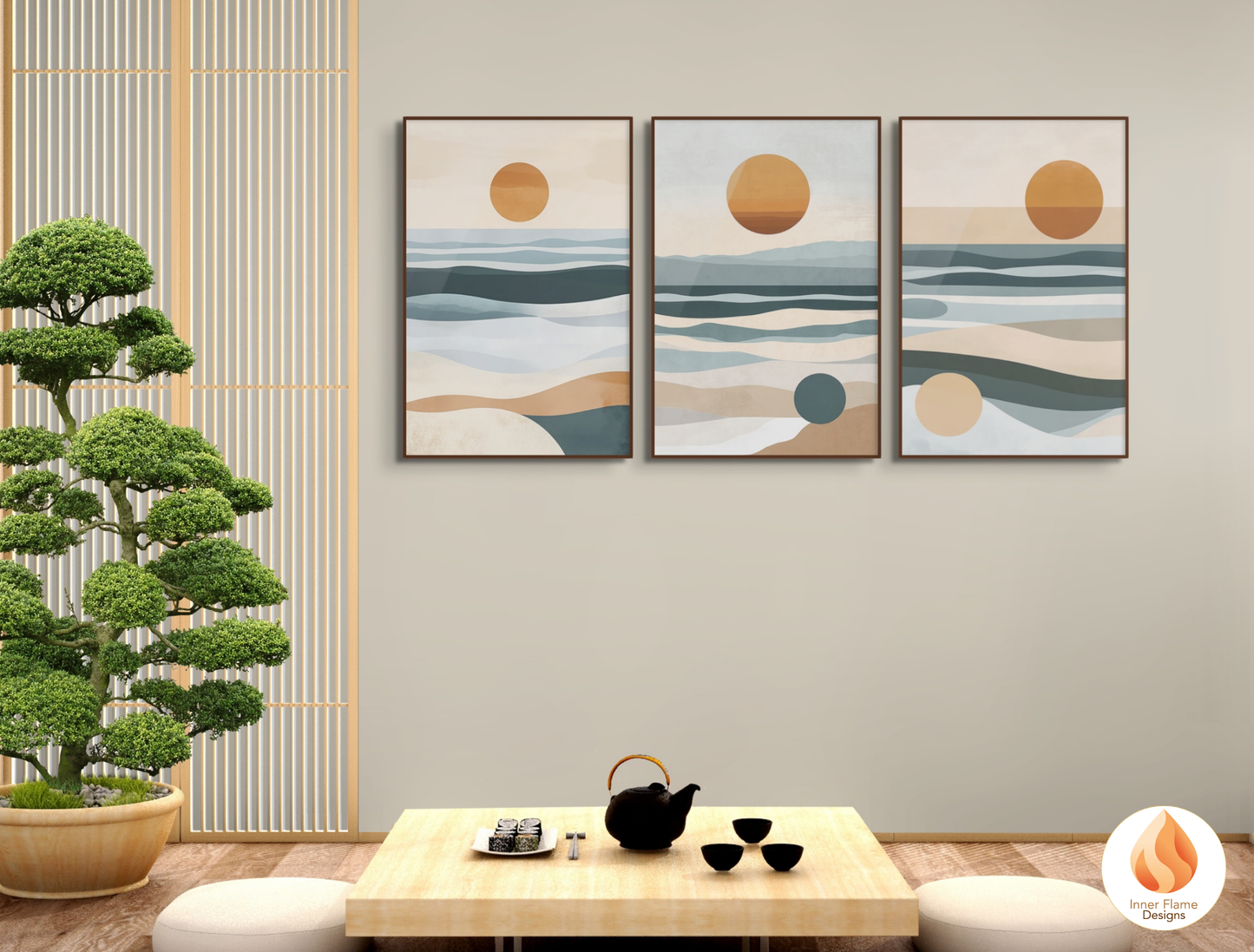 Serene Japandi Art for Modern Home Design | Triptych Artwork