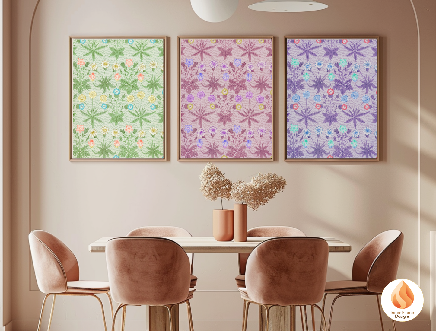 William Morris Inspired Designs - "Daisy" | Abstract Botanical Art for Modern Home Design | Triptych Artwork