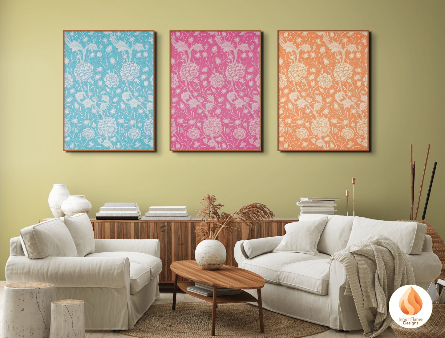 William Morris Inspired Designs - "Wild Tulip" | Abstract Botanical Art for Modern Home Design | Triptych Artwork