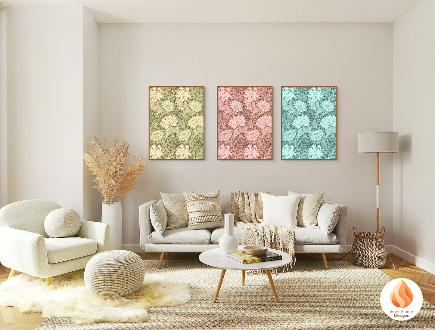 William Morris Inspired Designs - "Chrysanthemum" | Abstract Botanical Art for Modern Home Design | Triptych Artwork