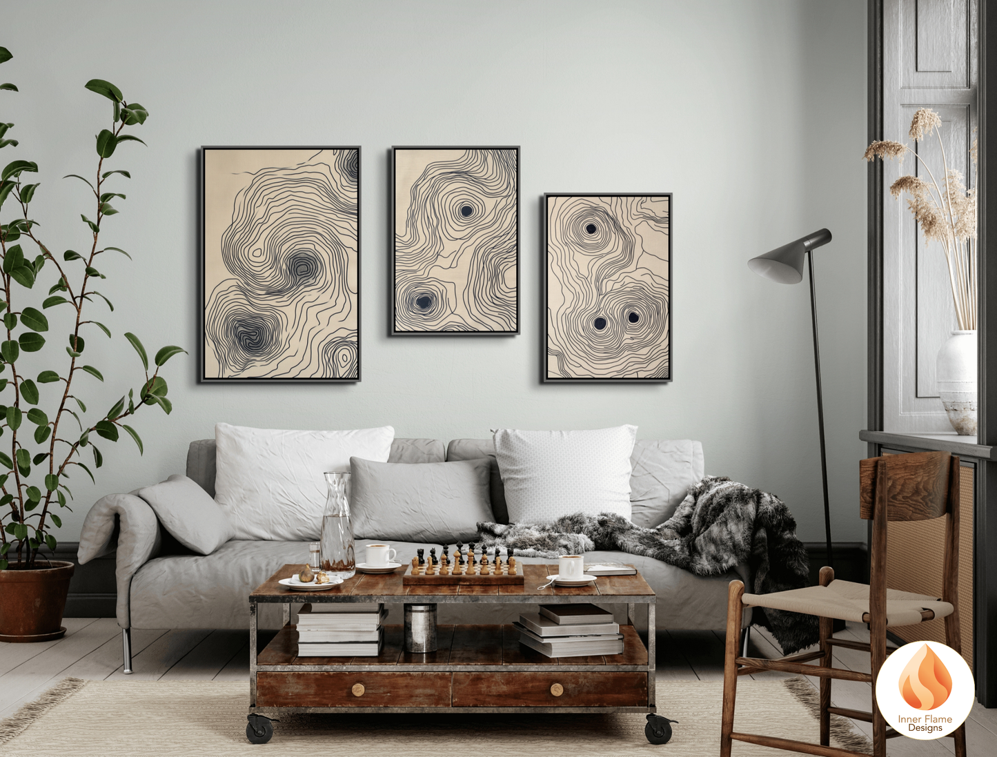 Contoured Line Art for Modern Home Design | Triptych Artwork