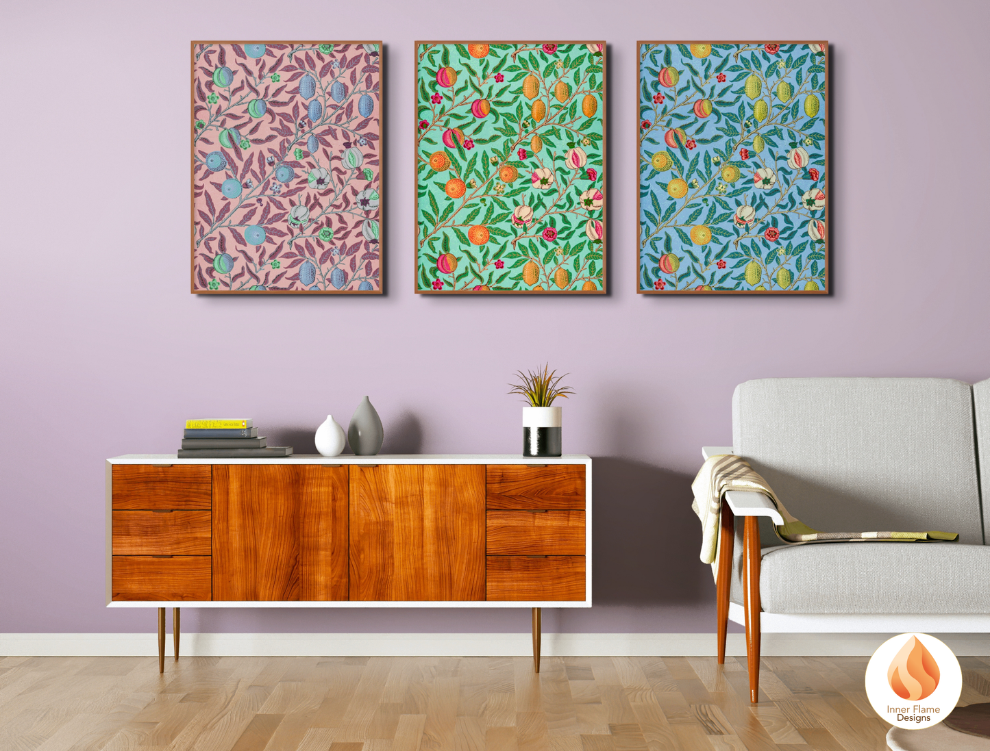 William Morris Inspired Designs - "Fruit (or Pomegranate)" | Abstract Botanical Art for Modern Home Design | Triptych Artwork