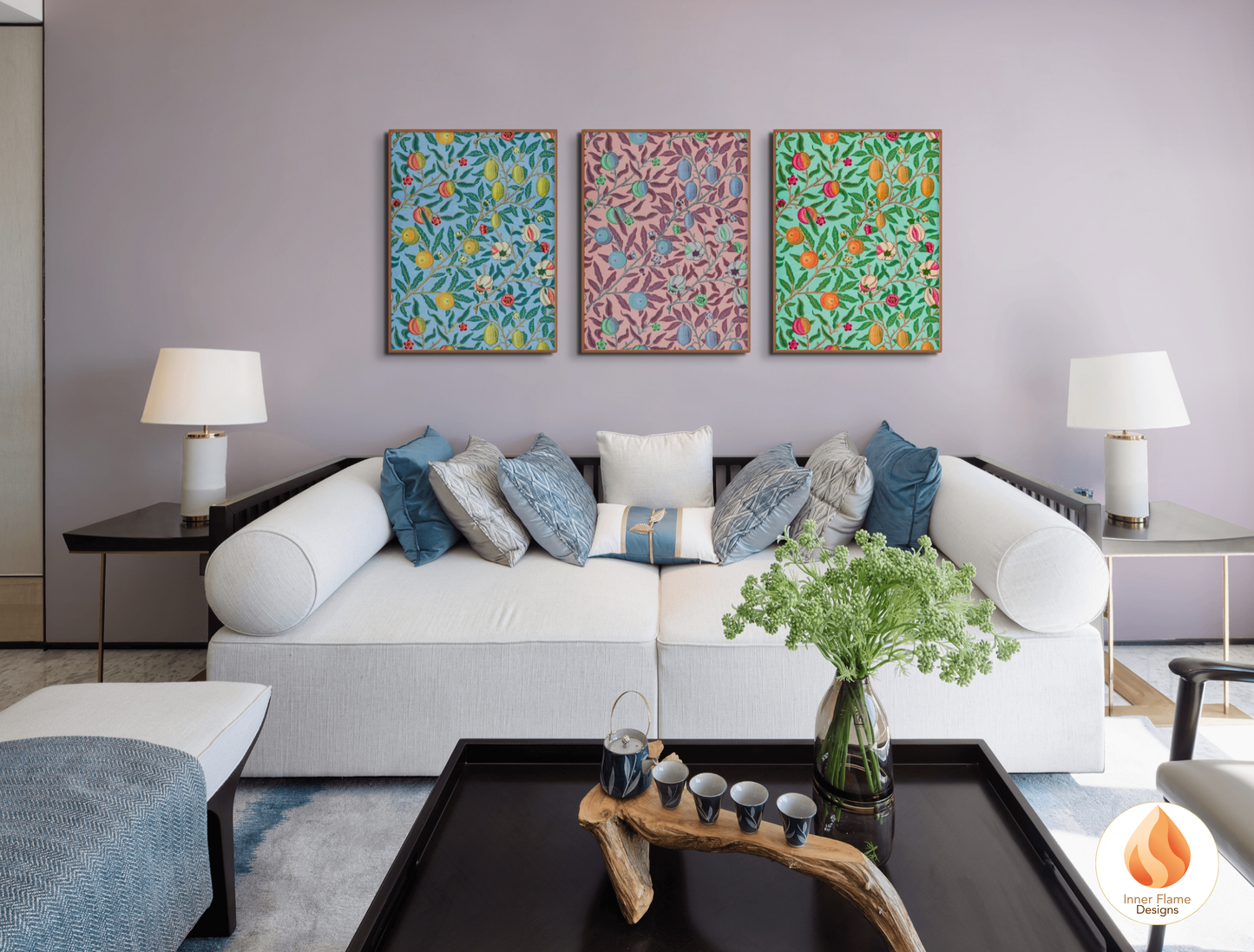 William Morris Inspired Designs - "Fruit (or Pomegranate)" | Abstract Botanical Art for Modern Home Design | Triptych Artwork