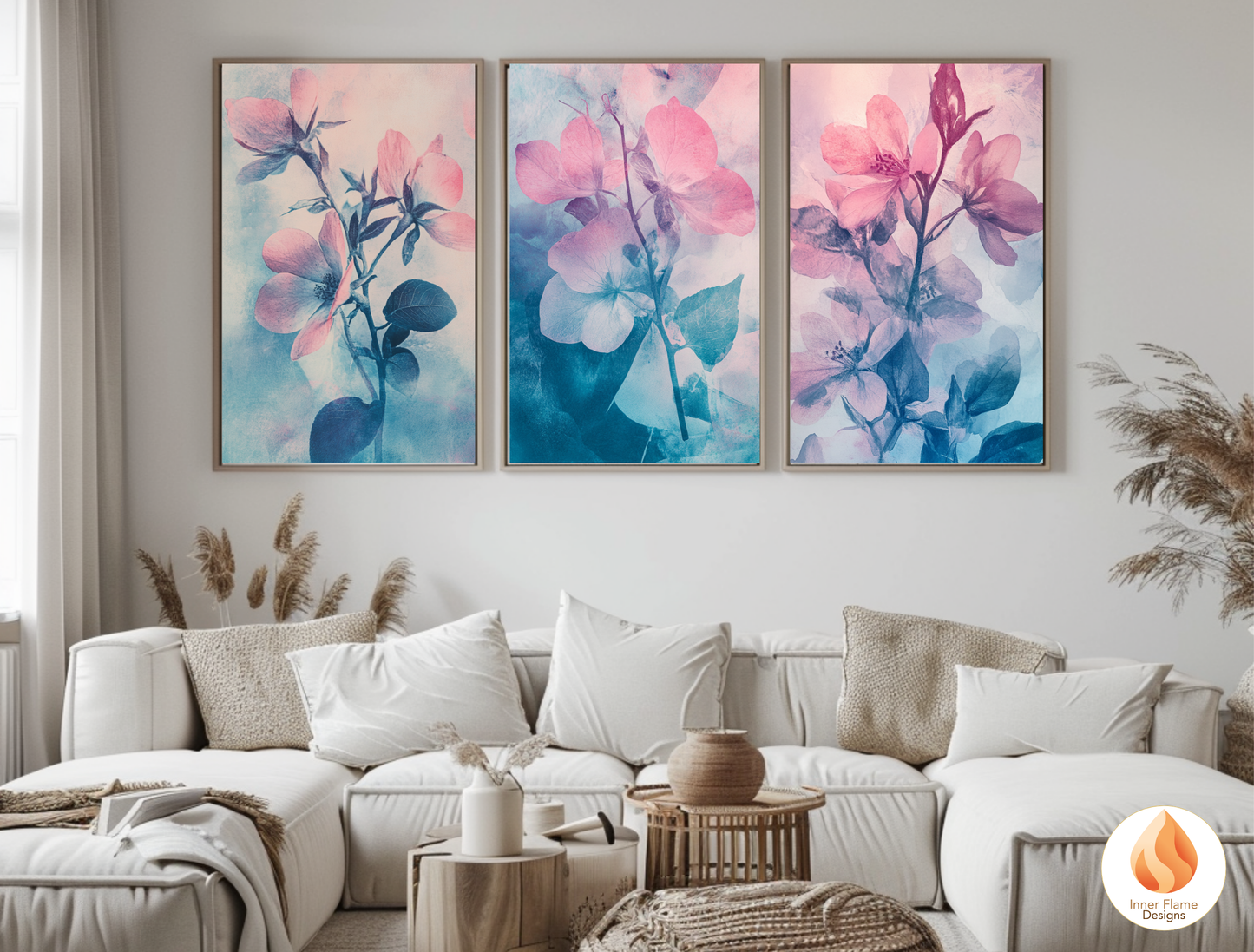 Romantic Flower Artwork for Modern Home Design | Triptych Artwork