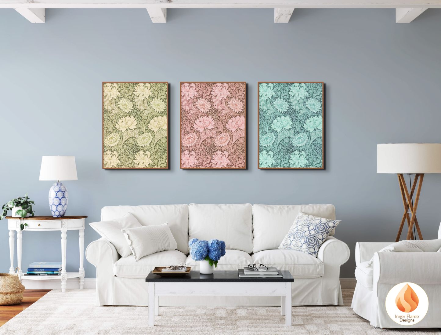 William Morris Inspired Designs - "Chrysanthemum" | Abstract Botanical Art for Modern Home Design | Triptych Artwork