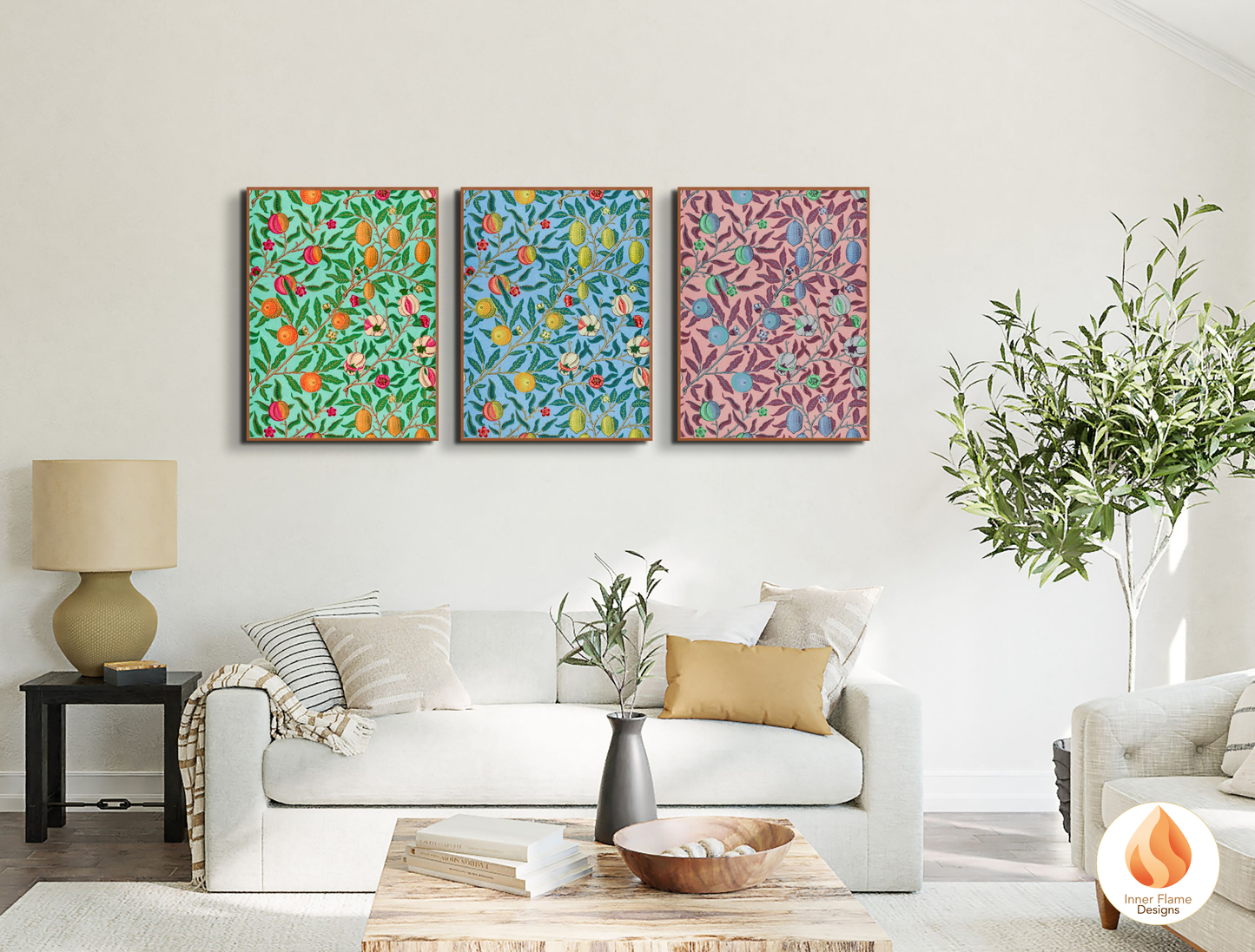 William Morris Inspired Designs - "Fruit (or Pomegranate)" | Abstract Botanical Art for Modern Home Design | Triptych Artwork