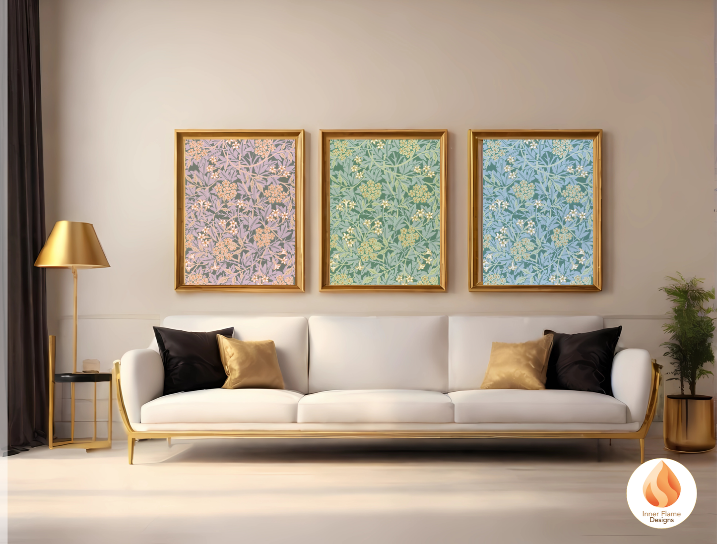 William Morris Inspired Designs - "Jasmine" | Abstract Botanical Art for Modern Home Design | Triptych Artwork
