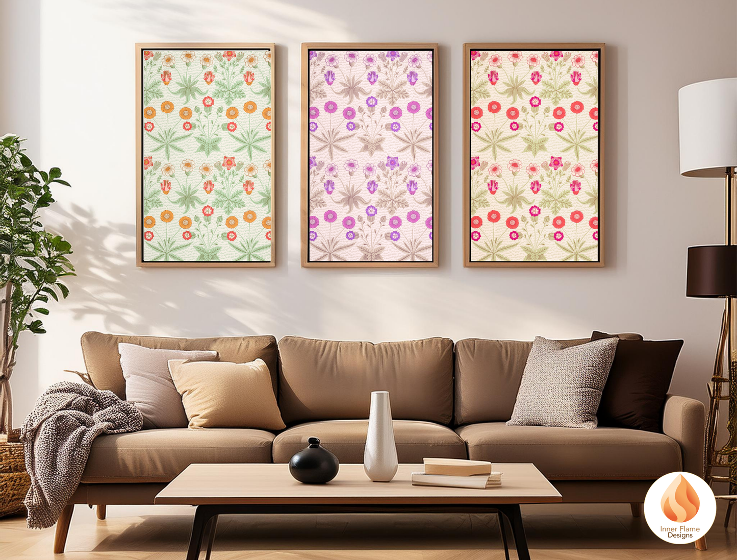 William Morris Inspired Designs - "Daisy" | Abstract Botanical Art for Modern Home Design | Triptych Artwork