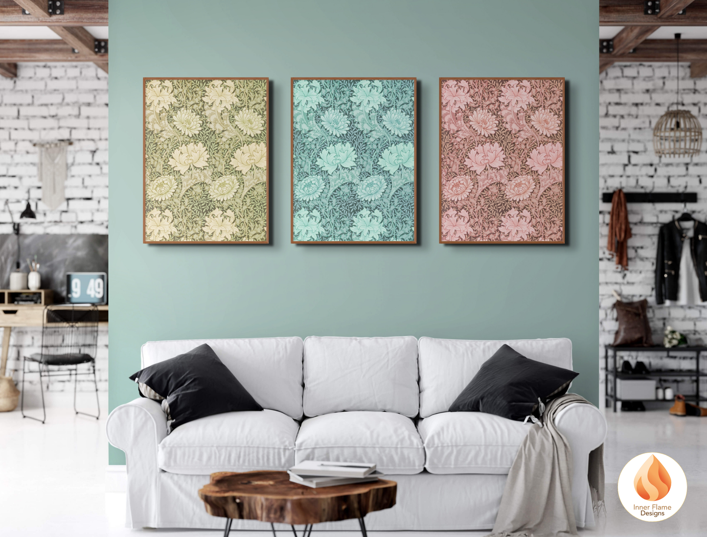 William Morris Inspired Designs - "Chrysanthemum" | Abstract Botanical Art for Modern Home Design | Triptych Artwork