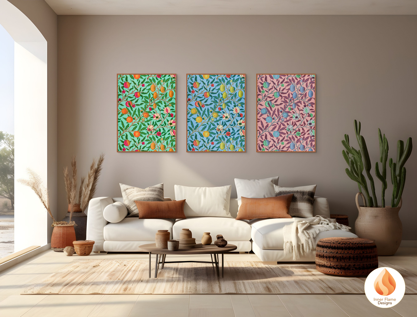 William Morris Inspired Designs - "Fruit (or Pomegranate)" | Abstract Botanical Art for Modern Home Design | Triptych Artwork