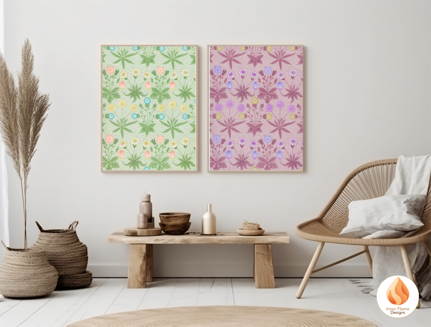 William Morris Inspired Designs - "Daisy" | Abstract Botanical Art for Modern Home Design | Triptych Artwork