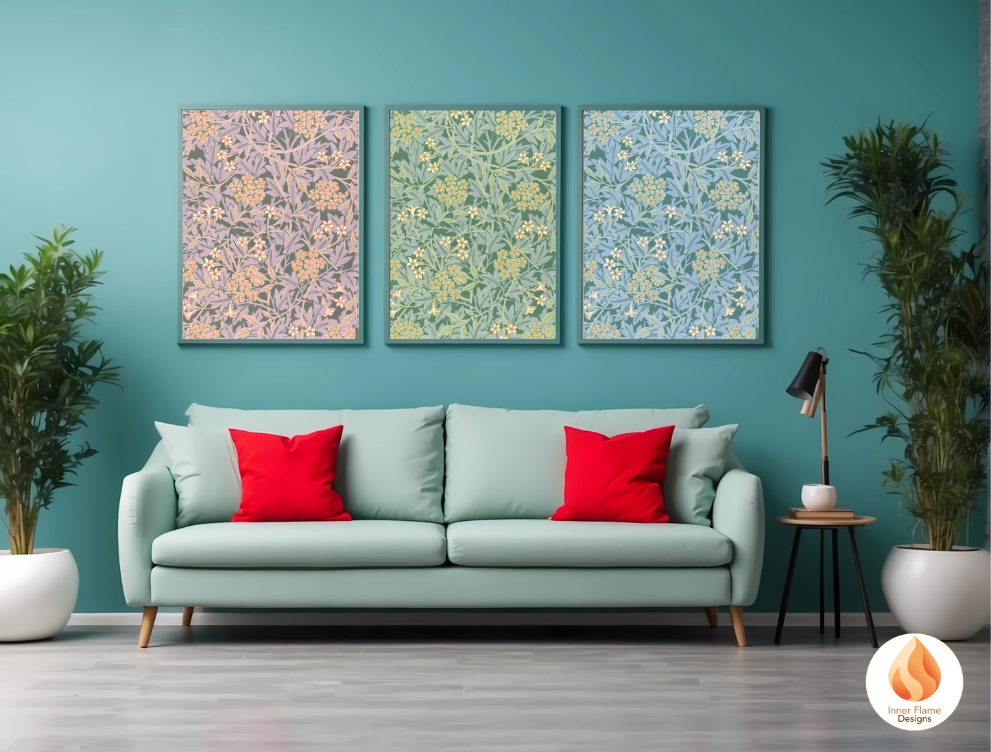 William Morris Inspired Designs - "Jasmine" | Abstract Botanical Art for Modern Home Design | Triptych Artwork