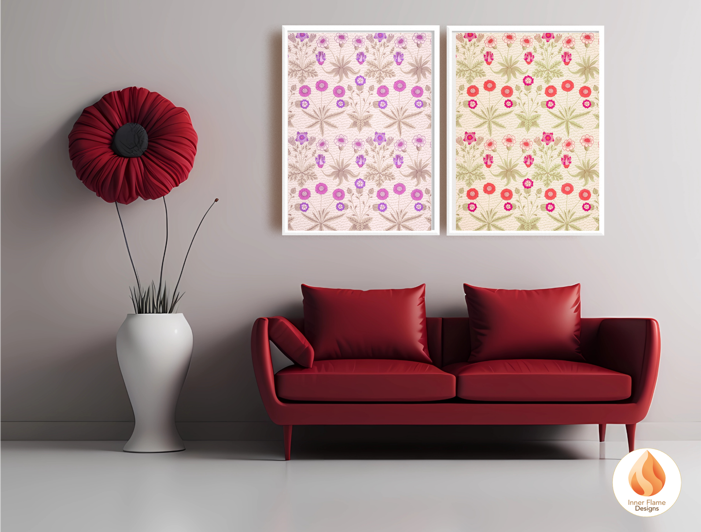 William Morris Inspired Designs - "Daisy" | Abstract Botanical Art for Modern Home Design | Triptych Artwork