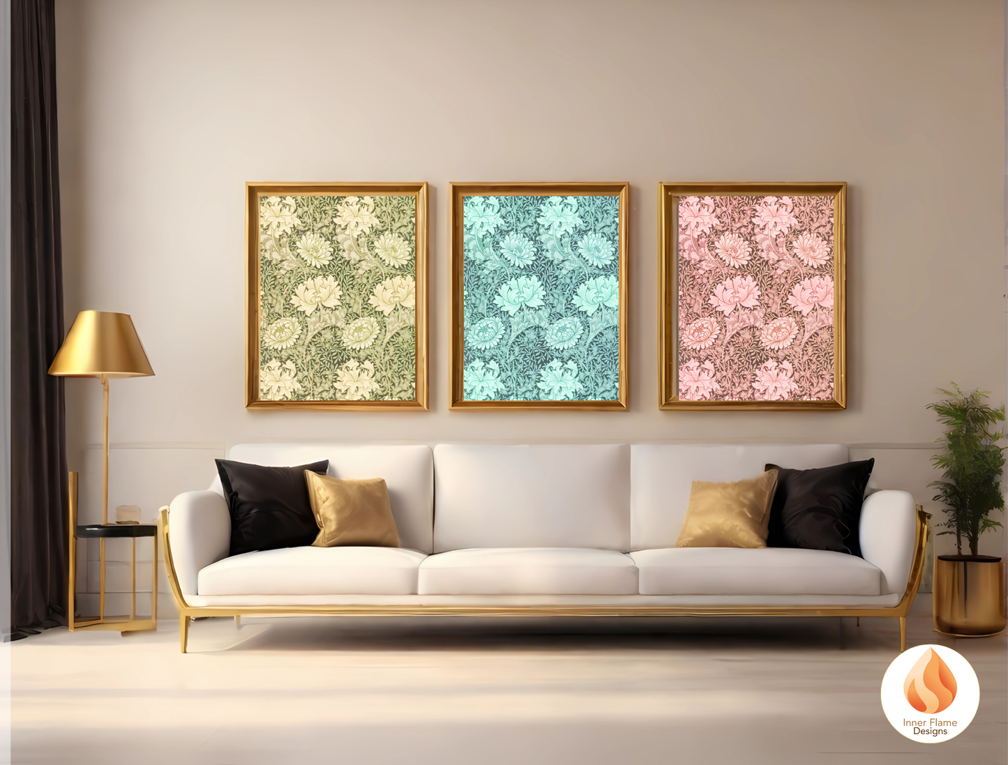William Morris Inspired Designs - "Chrysanthemum" | Abstract Botanical Art for Modern Home Design | Triptych Artwork