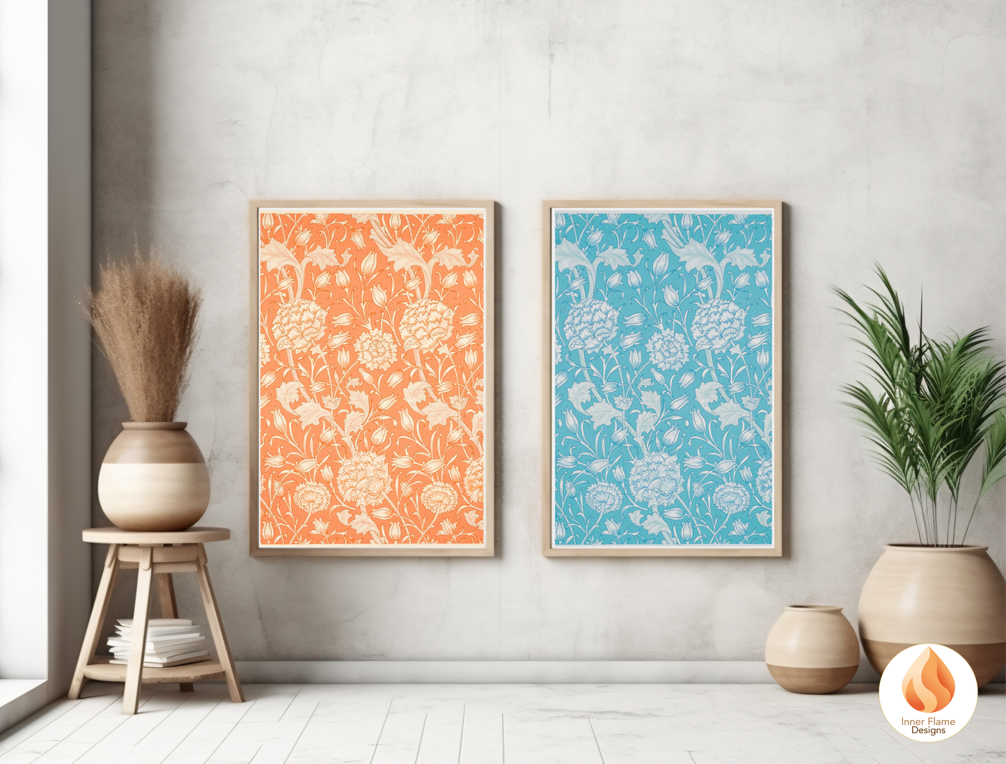 William Morris Inspired Designs - "Wild Tulip" | Abstract Botanical Art for Modern Home Design | Triptych Artwork