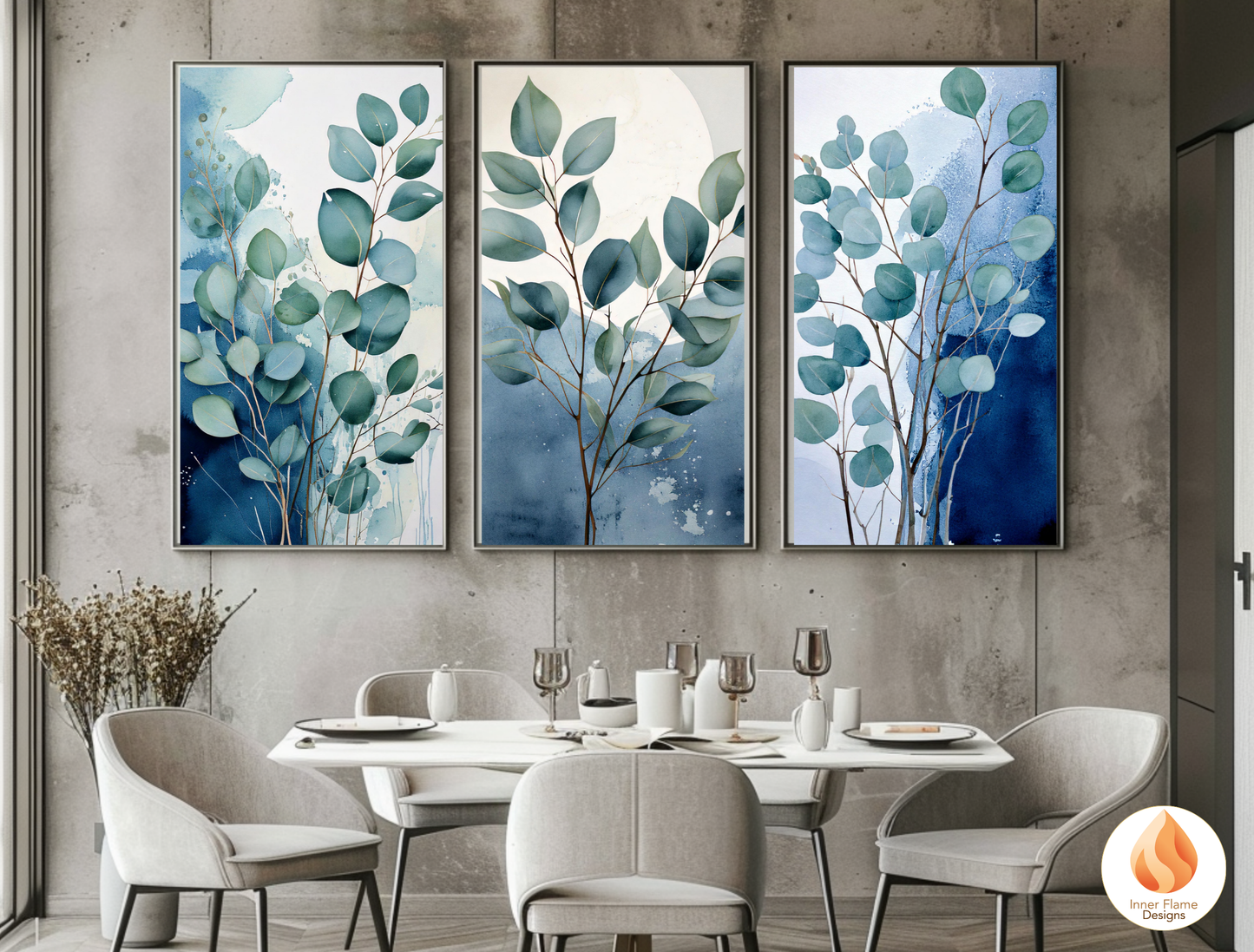 Cerulean Botanical Art for Modern Home Design | Triptych Artwork