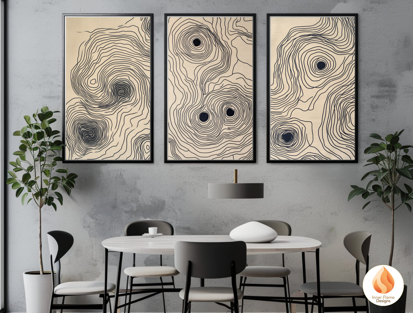 Contoured Line Art for Modern Home Design | Triptych Artwork