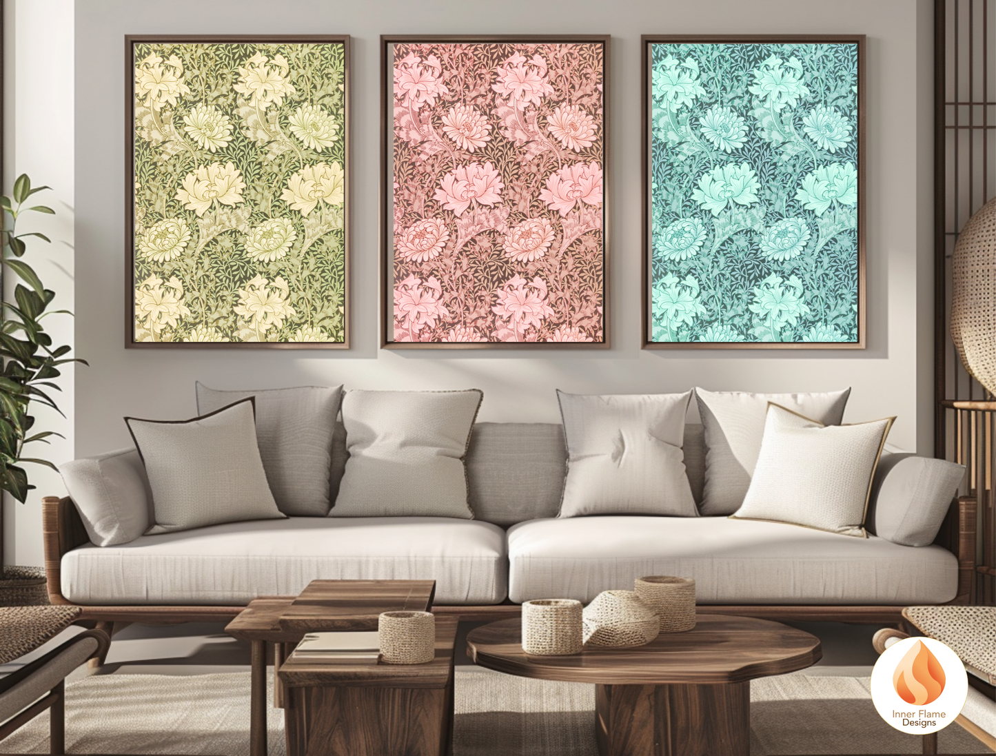 William Morris Inspired Designs - "Chrysanthemum" | Abstract Botanical Art for Modern Home Design | Triptych Artwork