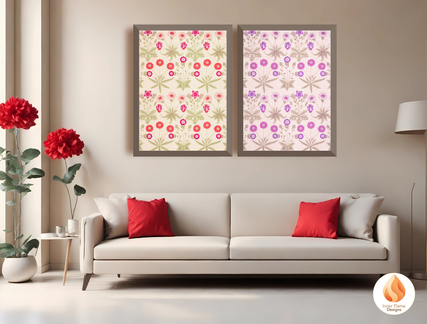 William Morris Inspired Designs - "Daisy" | Abstract Botanical Art for Modern Home Design | Triptych Artwork