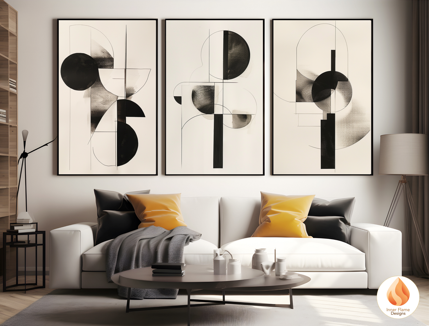 Monochromatic Geometric Artwork for Modern Home Design | Triptych Artwork
