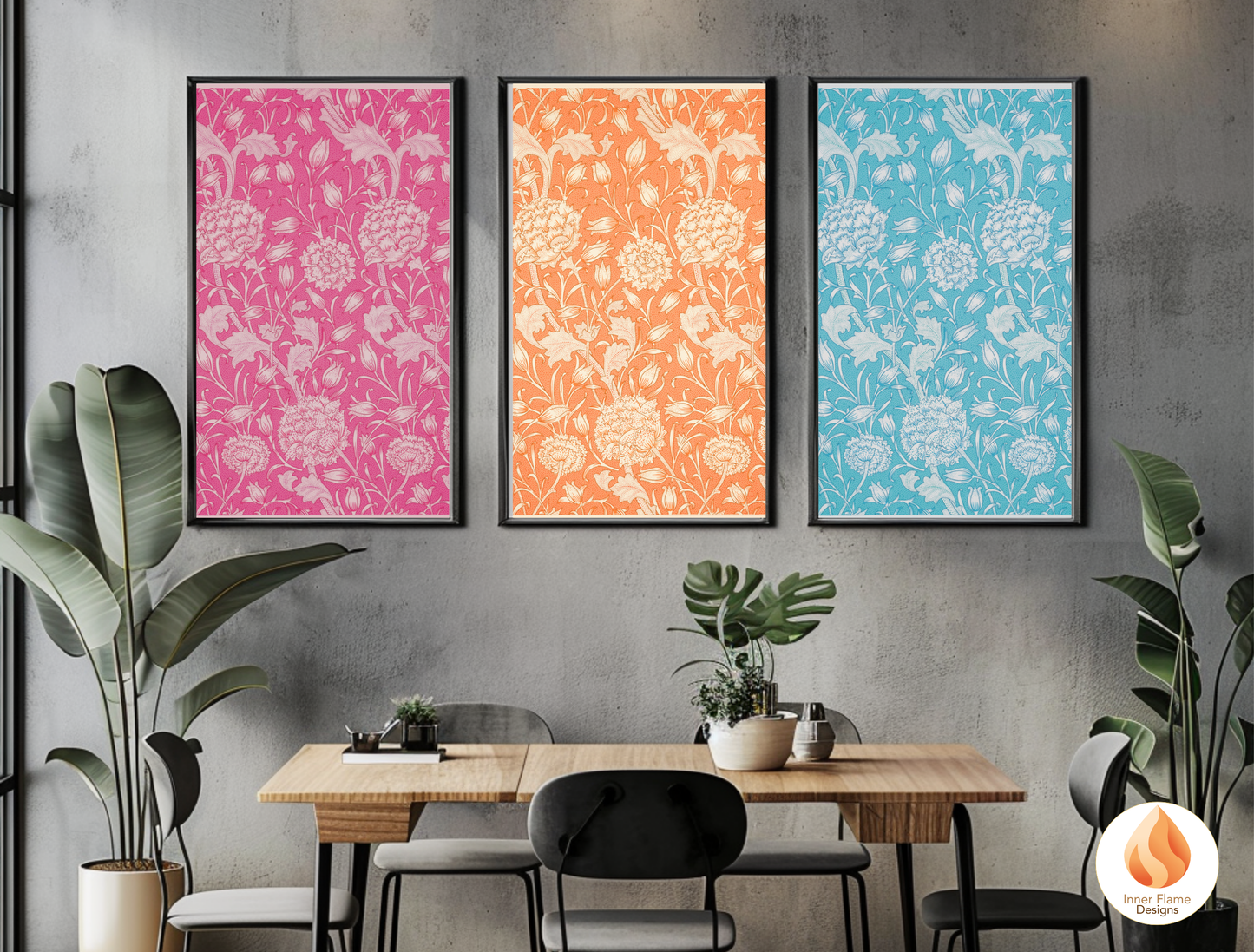 William Morris Inspired Designs - "Wild Tulip" | Abstract Botanical Art for Modern Home Design | Triptych Artwork