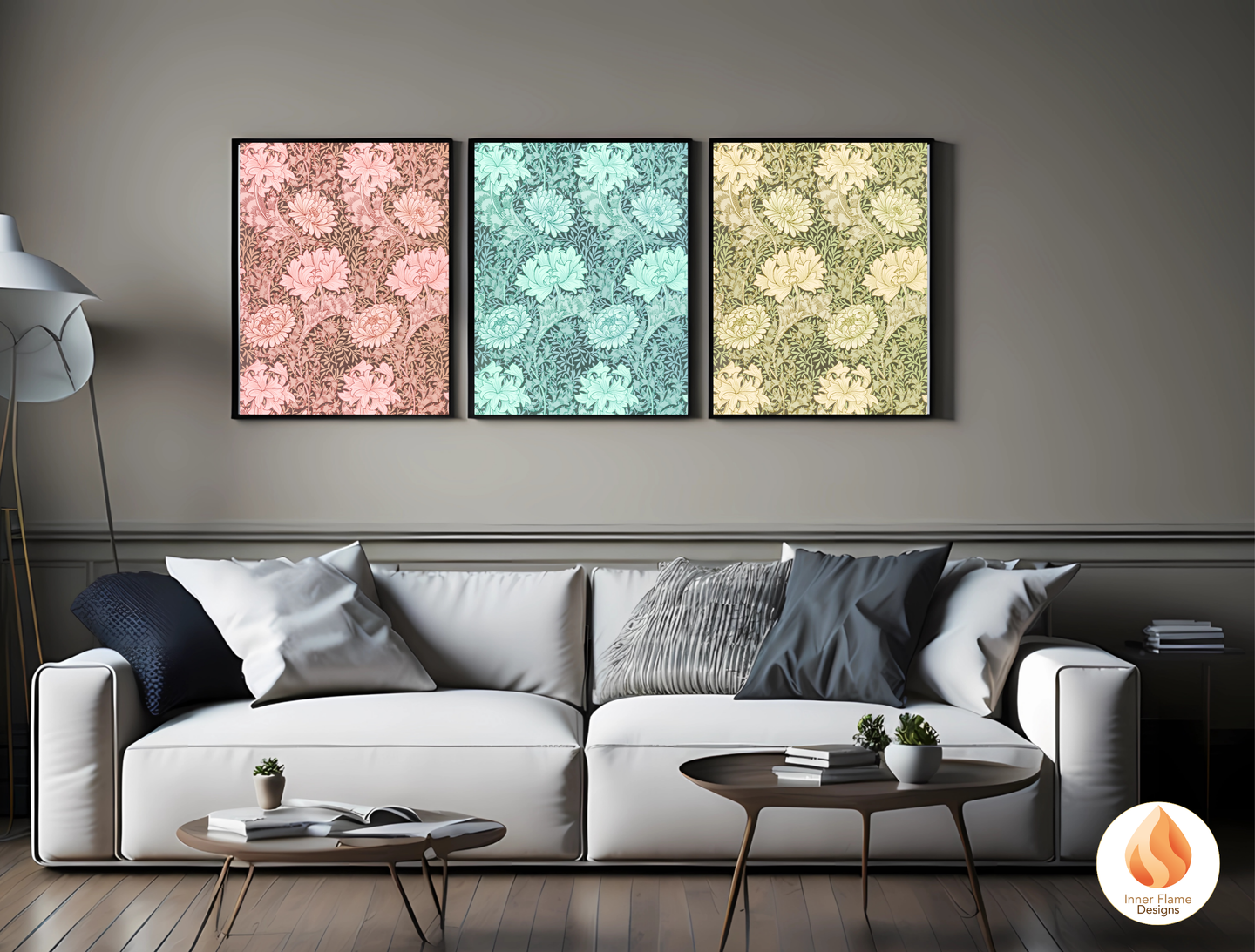 William Morris Inspired Designs - "Chrysanthemum" | Abstract Botanical Art for Modern Home Design | Triptych Artwork