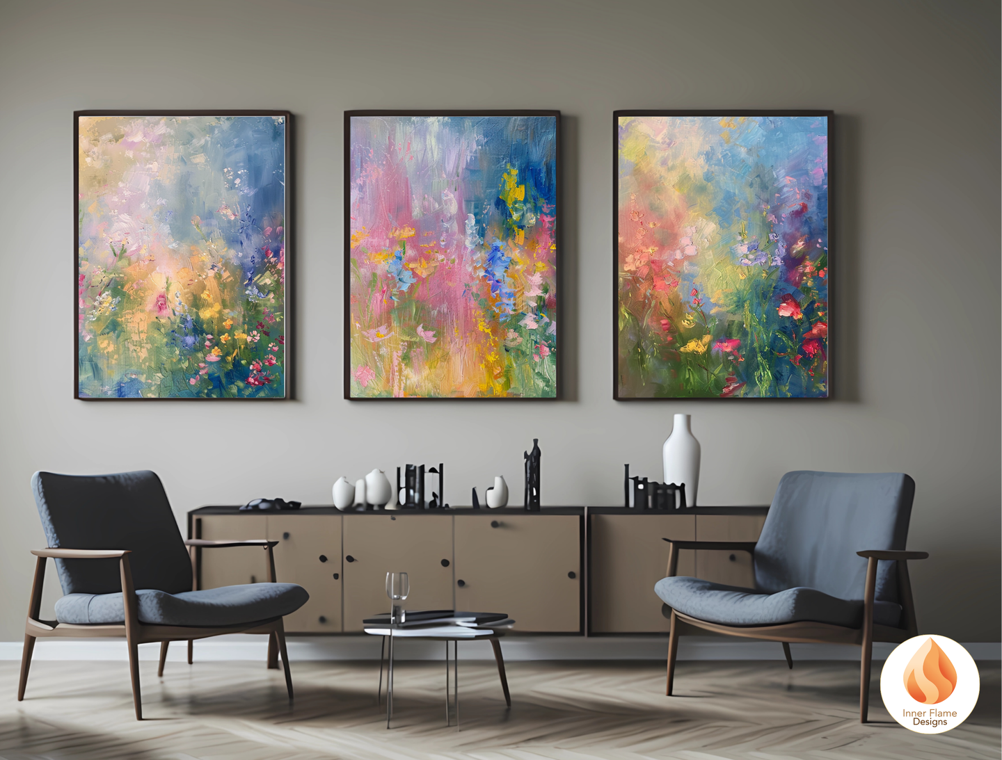 Luminous Flower Artwork for Modern Home Design | Triptych Artwork